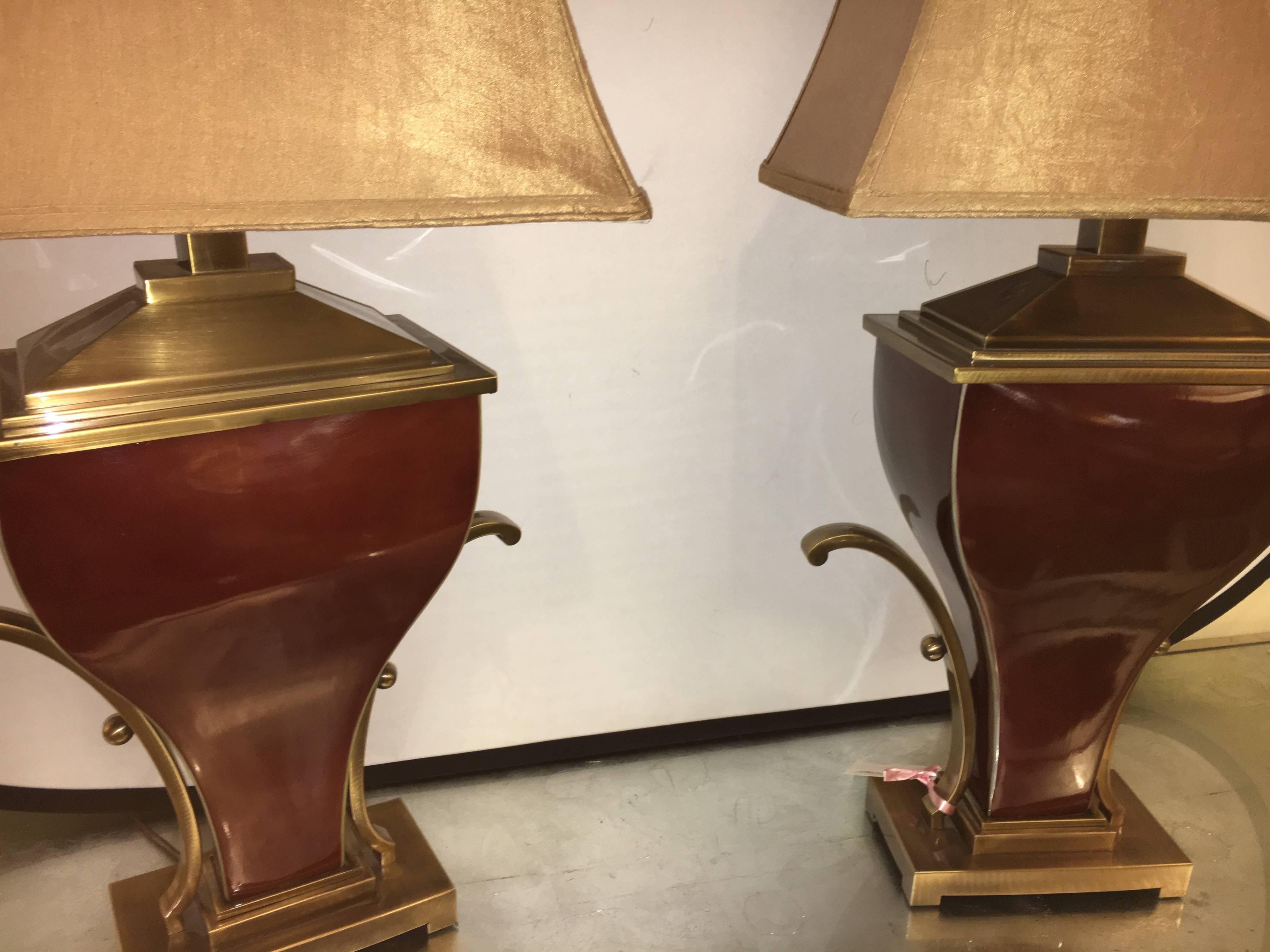 Pair of Art Deco Style Brass Mounted Porcelain Table Lamps For Sale 2