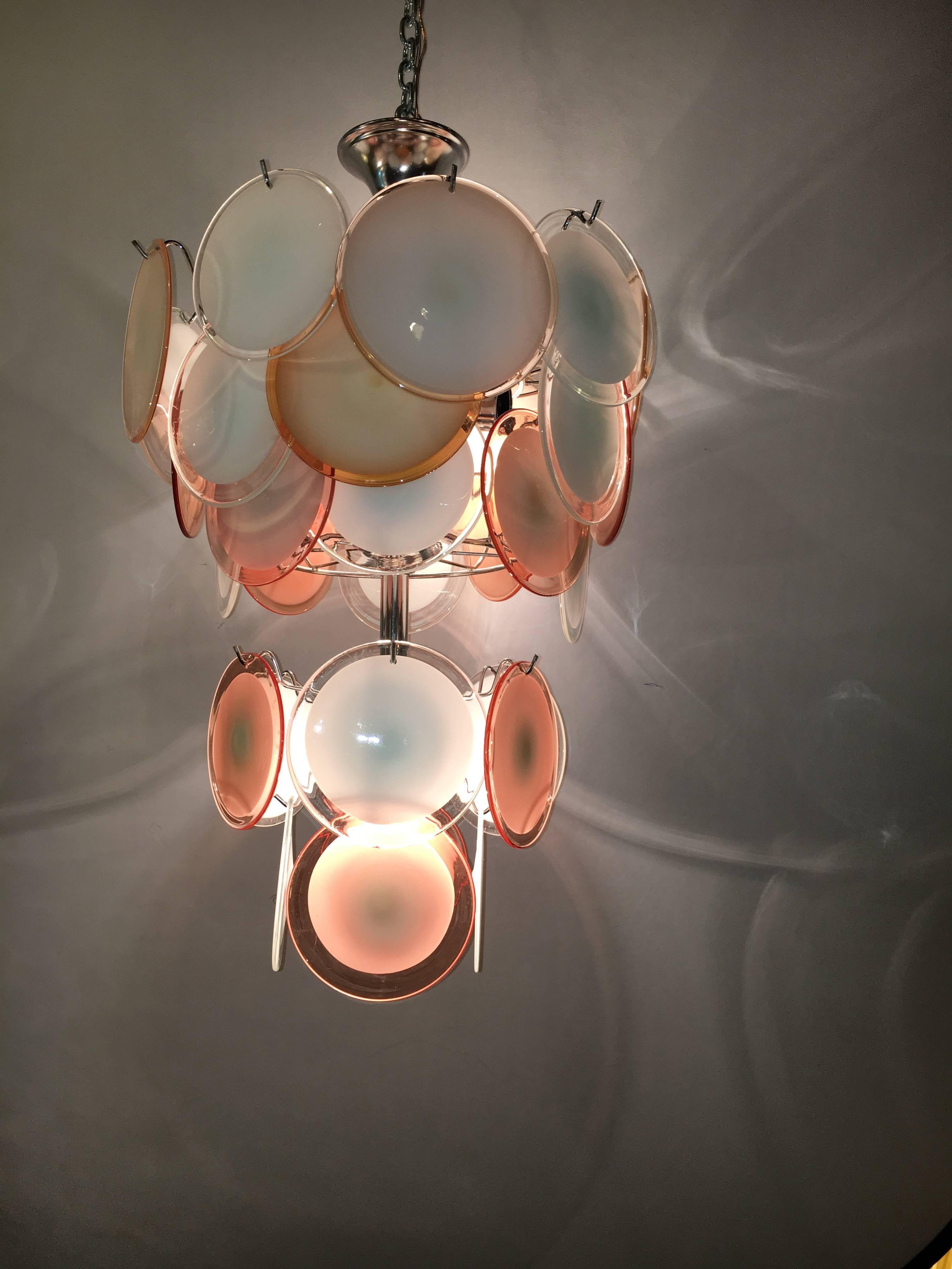 Mid-20th Century Art Deco Pink and White Murano Glass Chandelier
