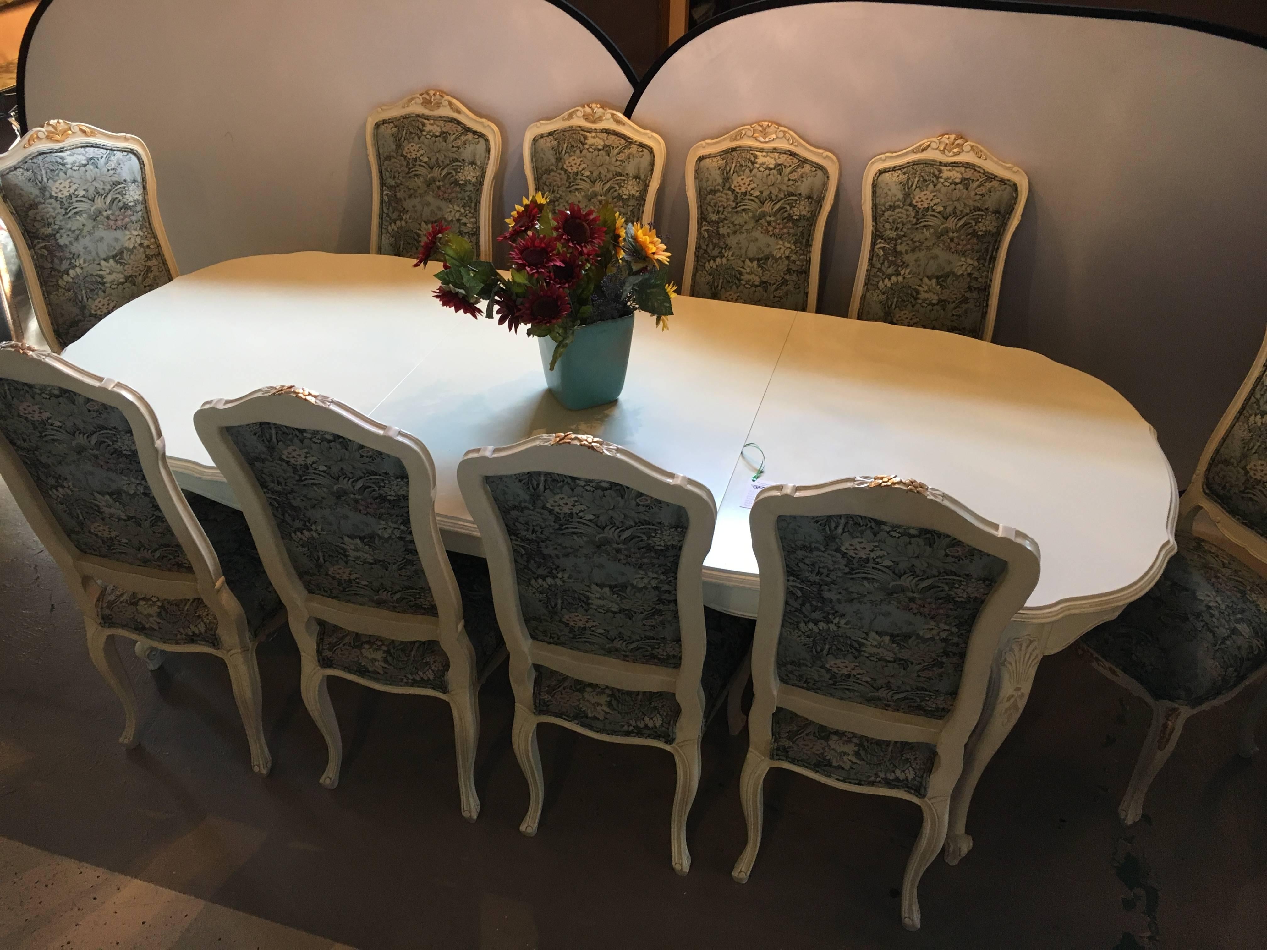 American Swedish Paint Decorated Distressed Louis XV Style Dining Table with Three Leaves
