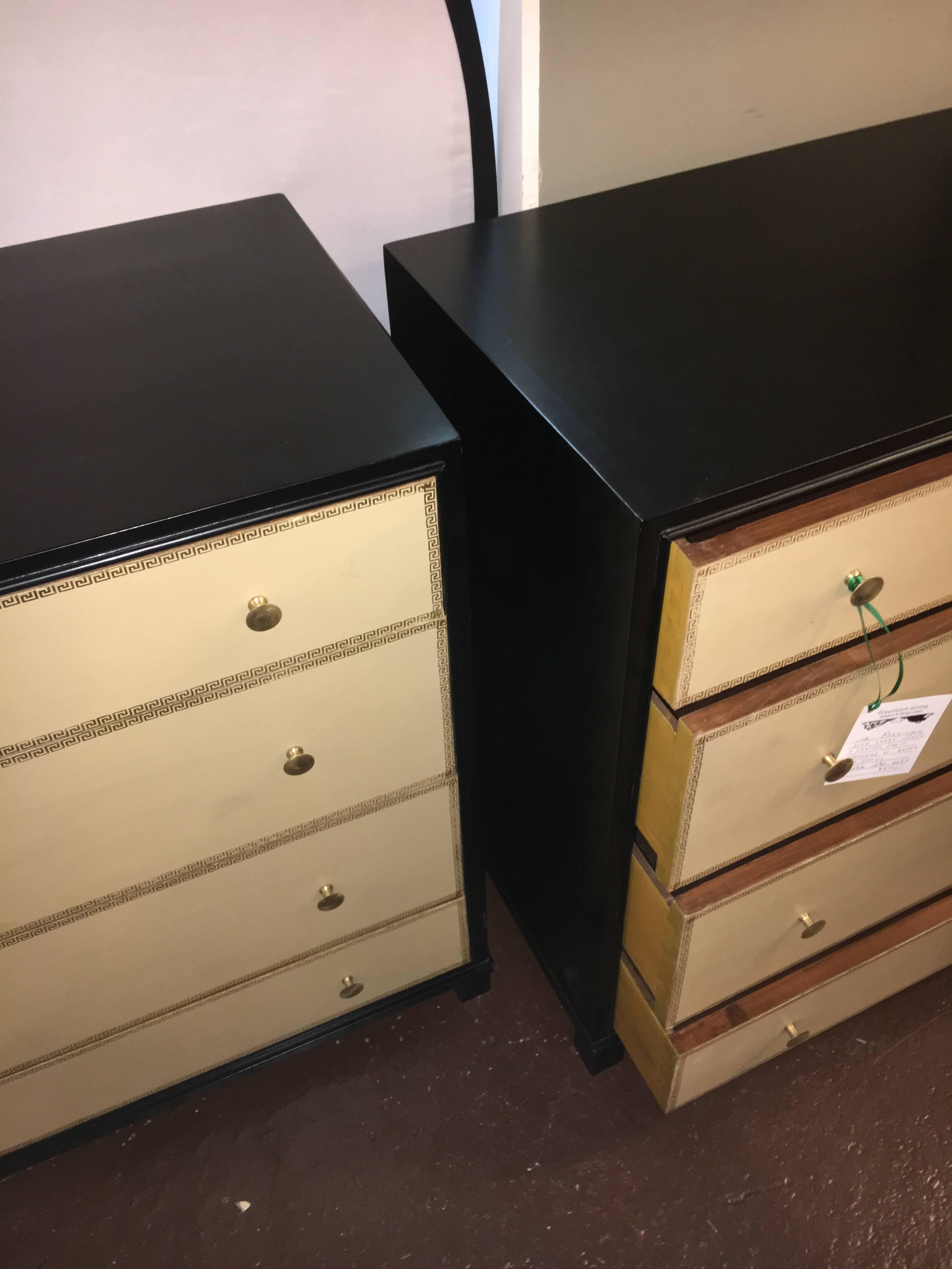 20th Century Pair of Parzinger Style Large Chests with Four Leather Front Drawers