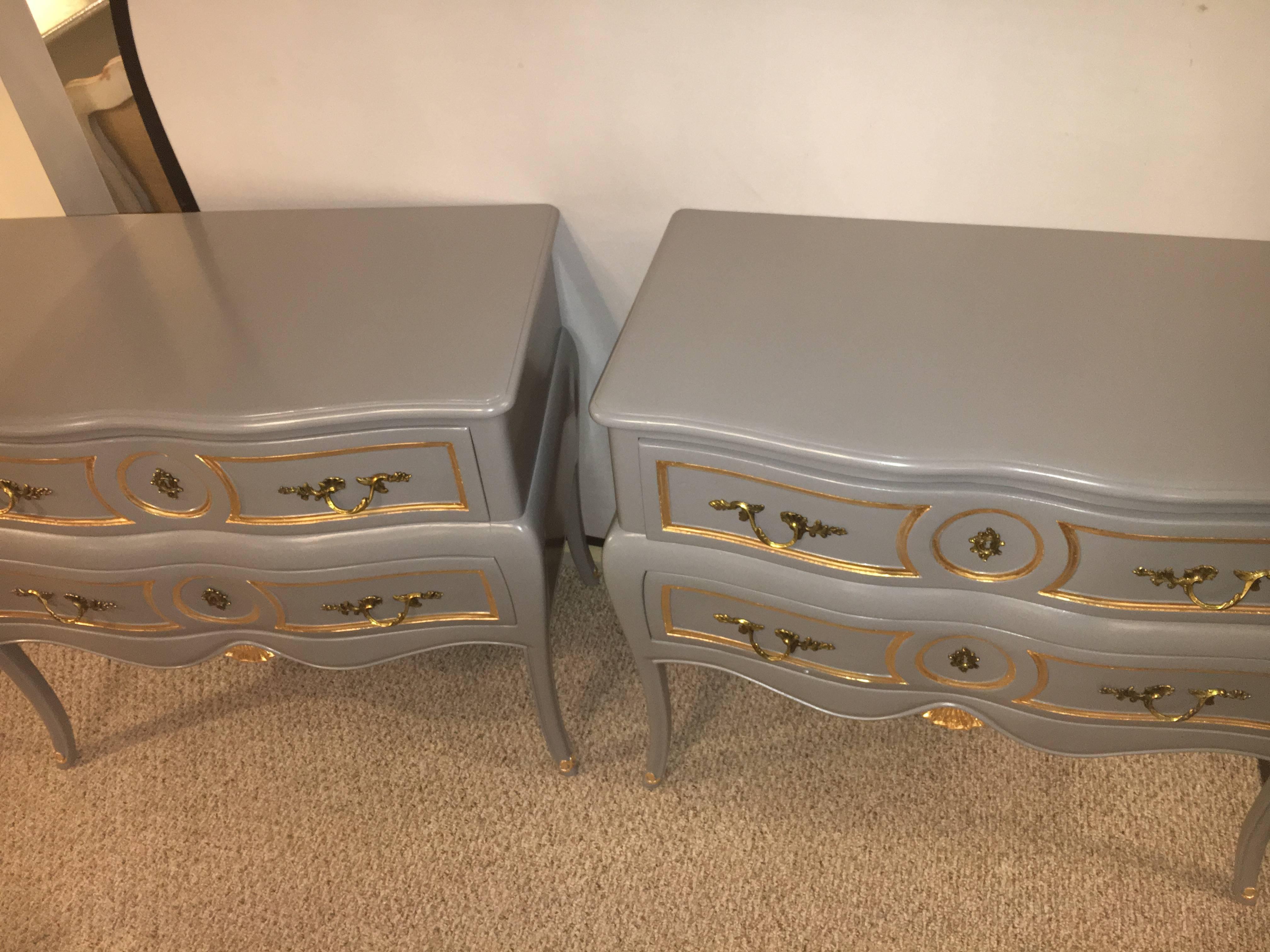 Pair of Louis XV Style Paint and Gilt Decorated Commodes Nightstands 1