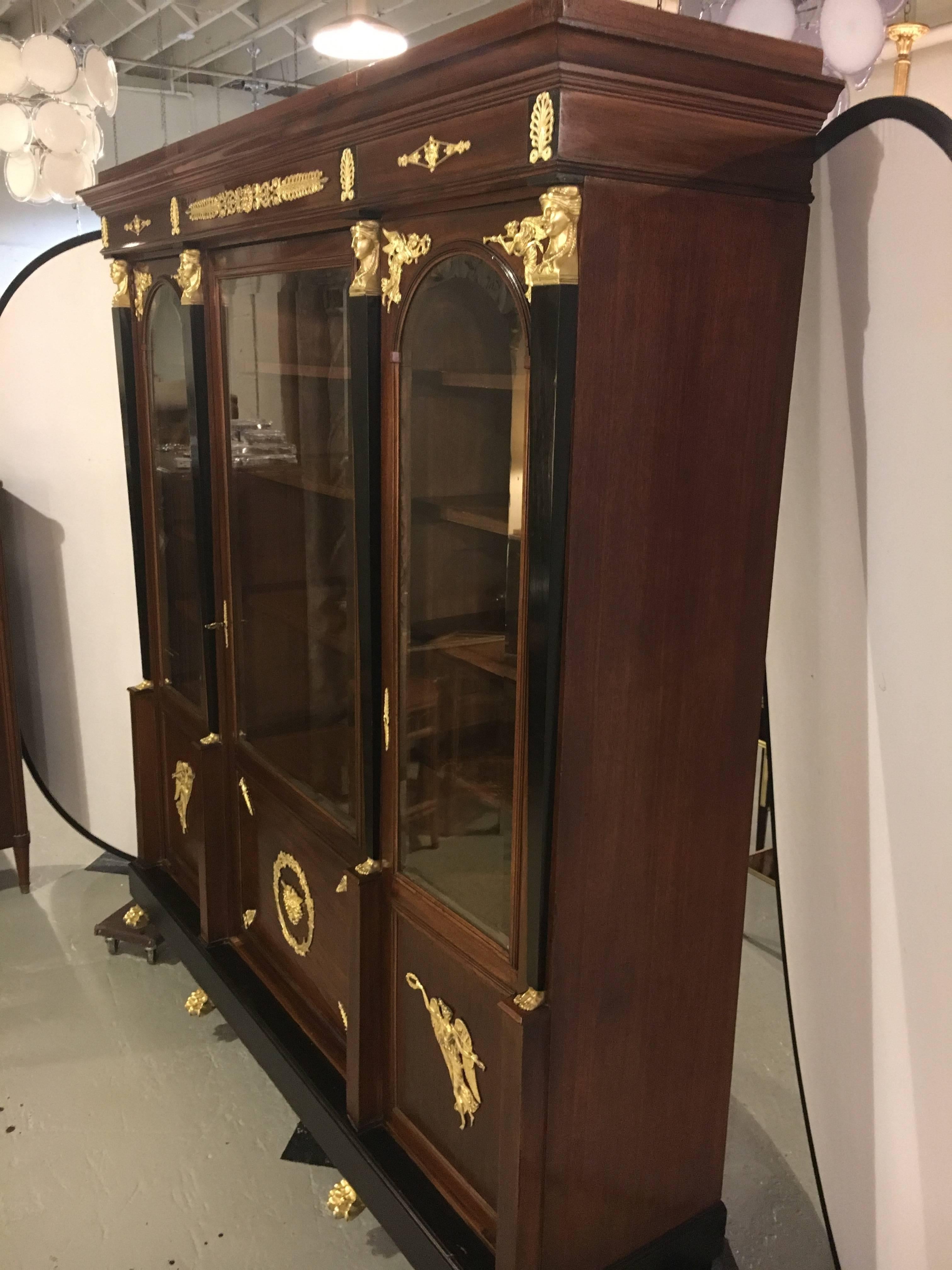 19th Century Empire Crotch Mahogany Dore Bronze Mounted Bookcase Breakfront 5