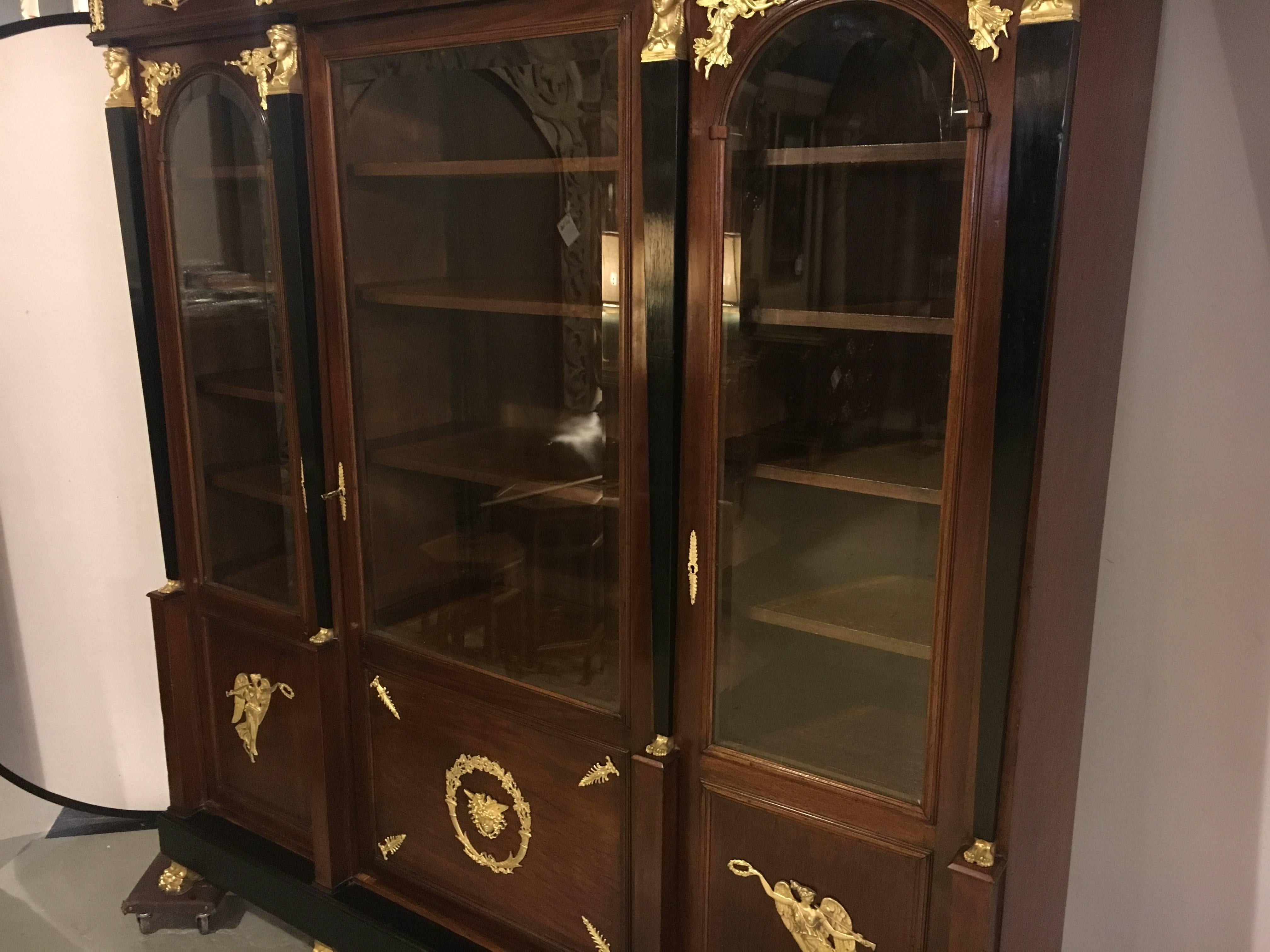 Mid-19th Century 19th Century Empire Crotch Mahogany Dore Bronze Mounted Bookcase Breakfront