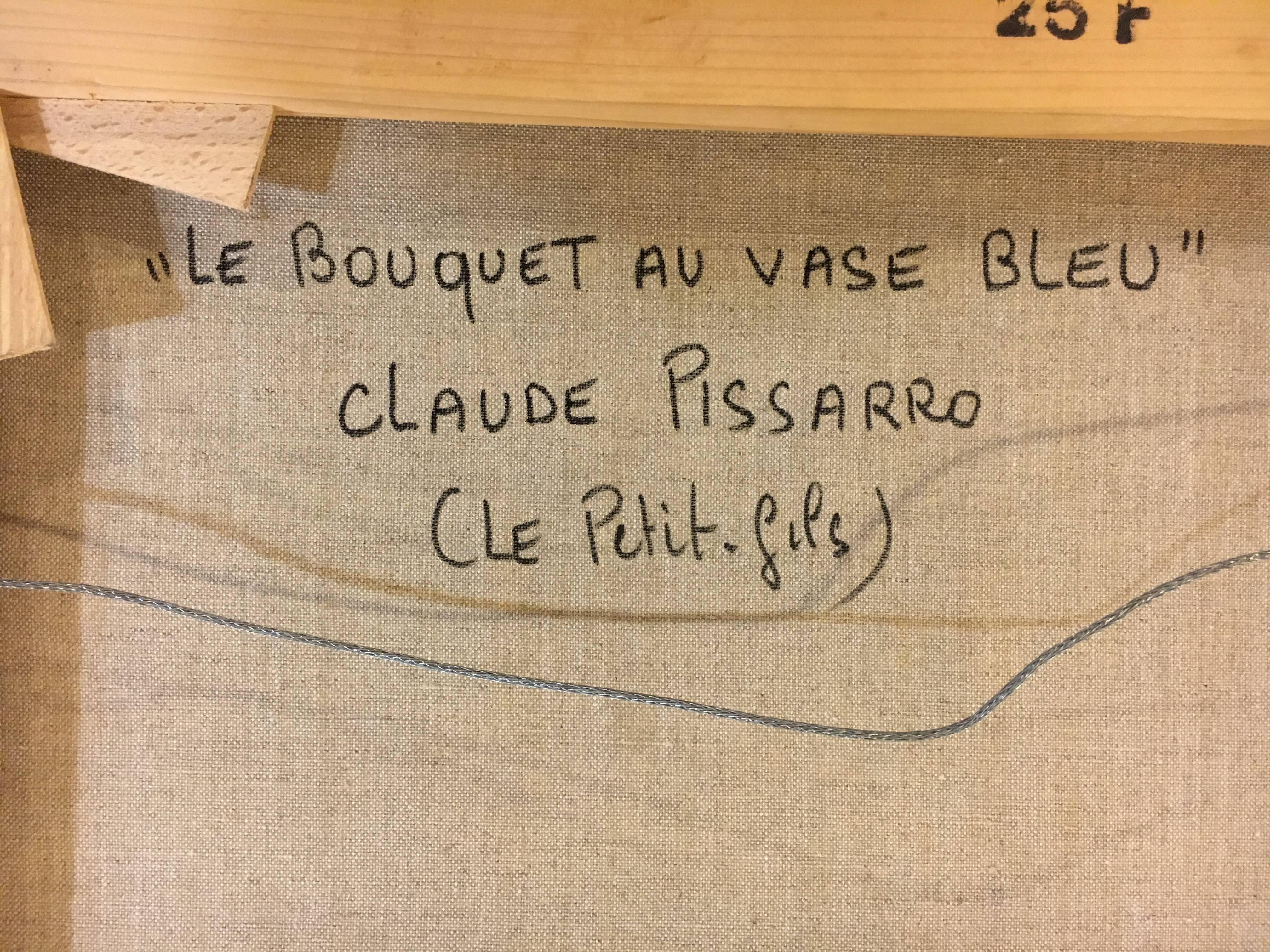 Hughes Claude Pissarro (b. 1935) oil on canvas painting Le Bouquet Au Vase Bleu. Very fine impressionist oil on canvas by this highly sought after artist. Signed 'Claude Pissarro' (lower left); signed again, titled and inscribed 'Claude PISSARRO 