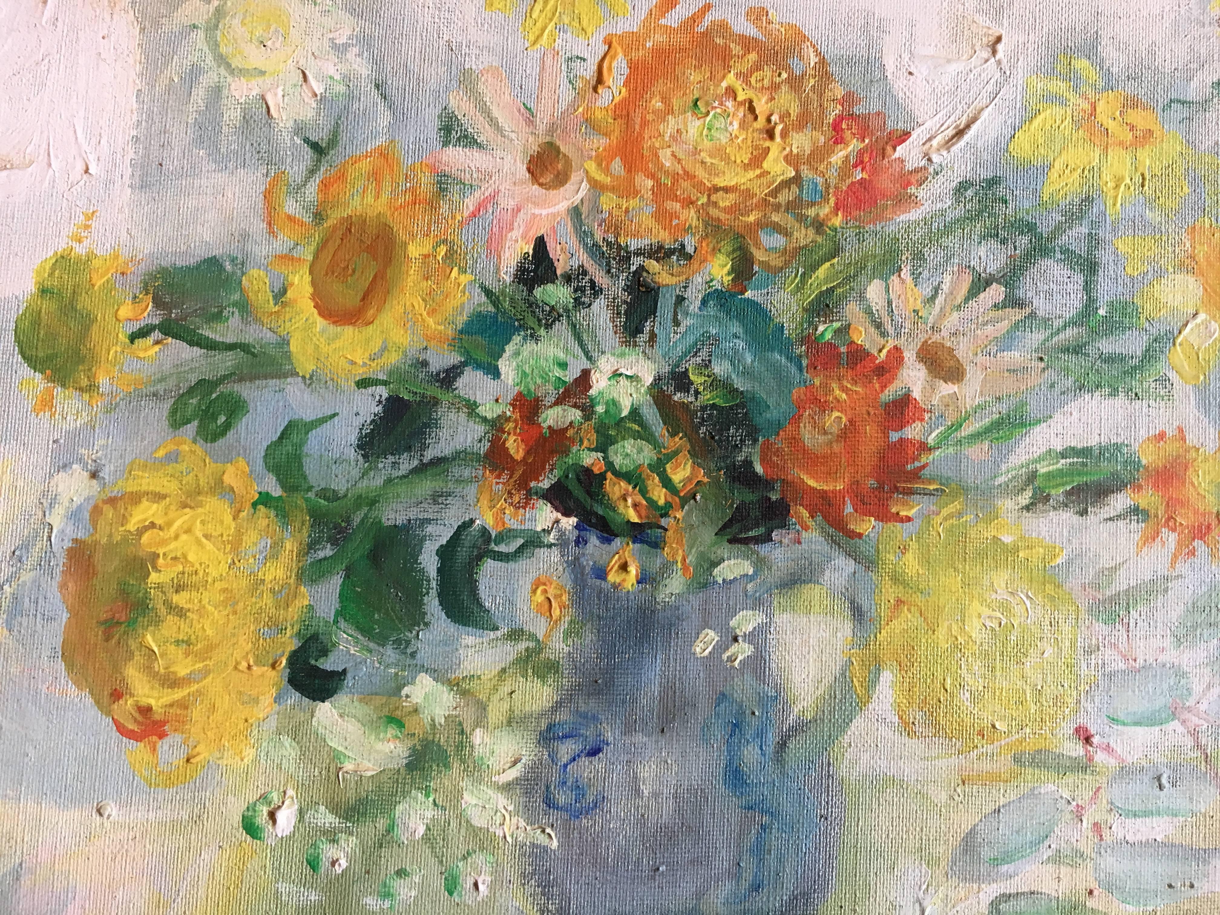 Le Pho Flowers in a Blue Vase Oil on Canvas Vietnamese Artist In Good Condition In Stamford, CT