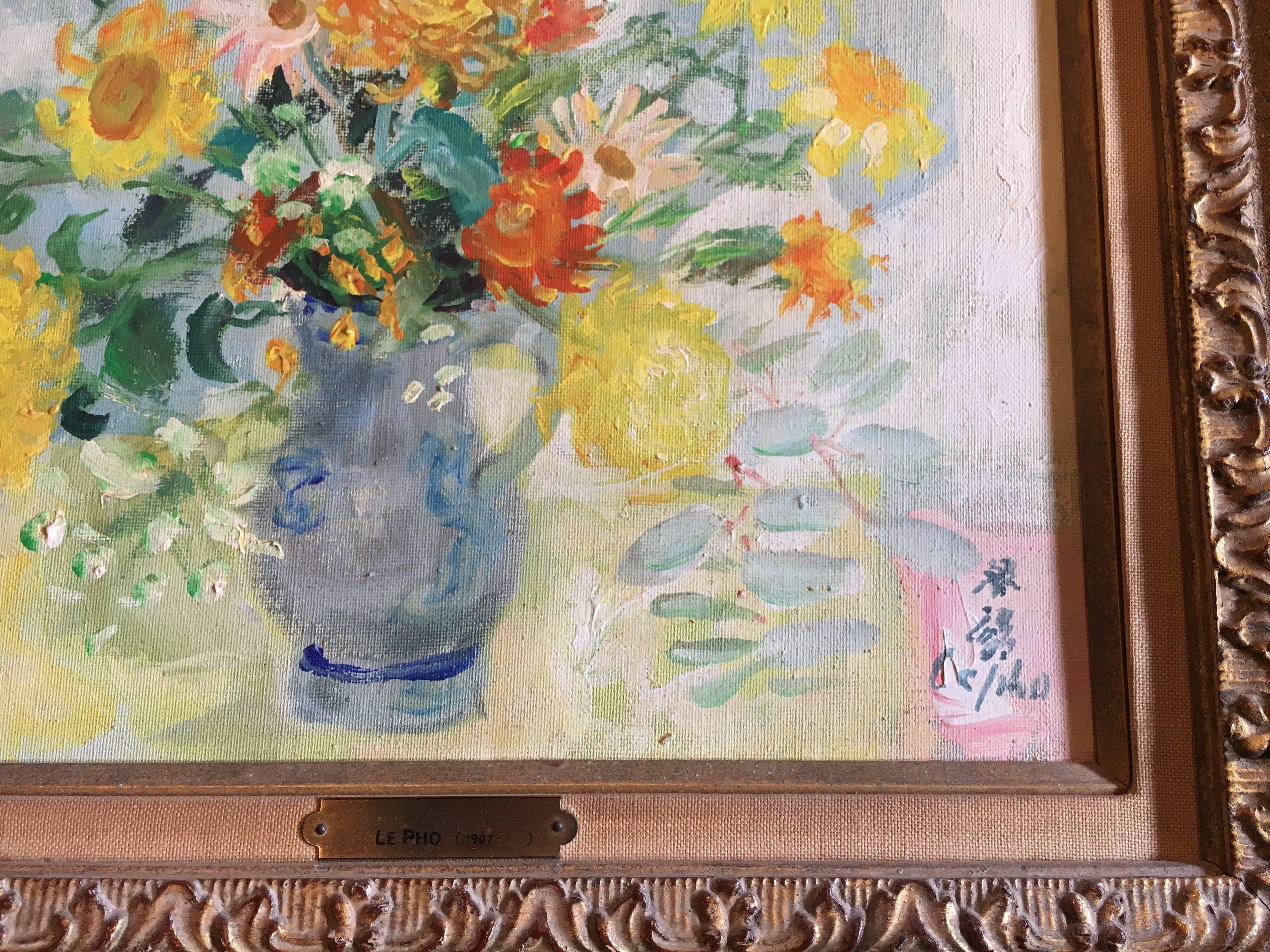 Mid-20th Century Le Pho Flowers in a Blue Vase Oil on Canvas Vietnamese Artist