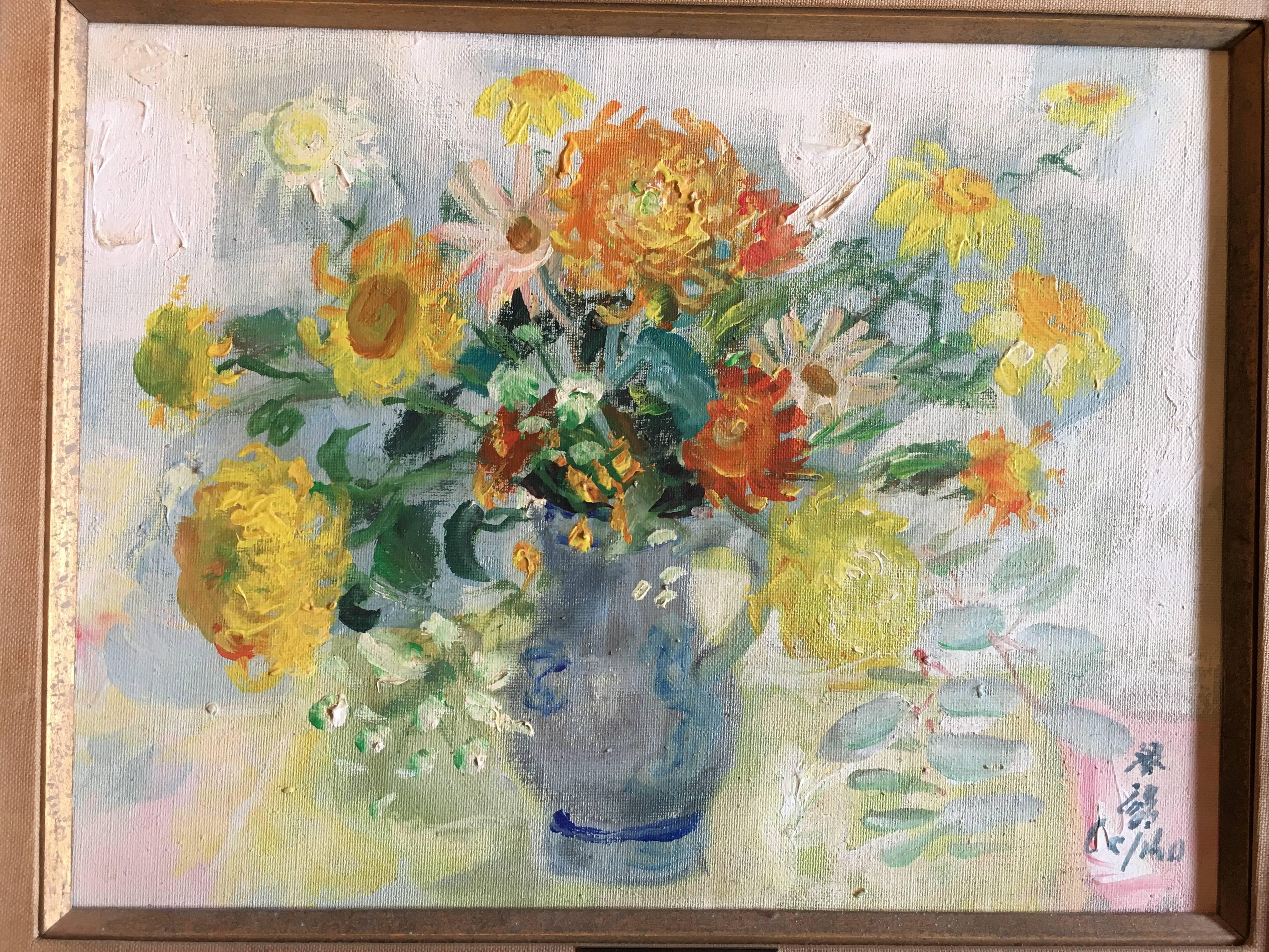 Le Pho Flowers in a Blue Vase Oil on Canvas Vietnamese Artist 1