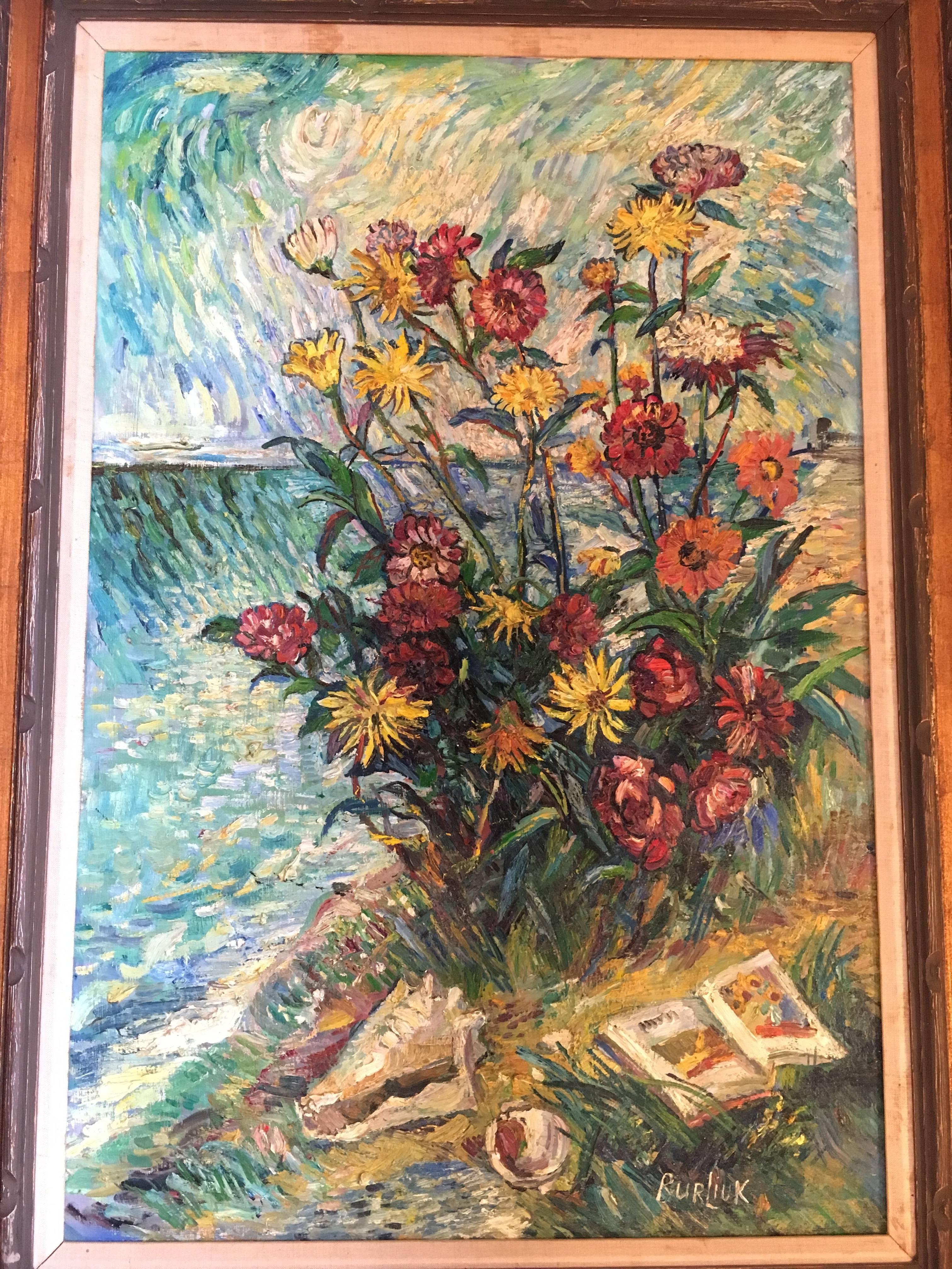 David Burliuk American/Ukrainian (1882-1967) Listed Prov. Christies NY. This fine flower arrangement depicts a person, unseen, reading a book by the sea. Finely painted. 
Unframed 24 inches by 36 inches
Framed 31.5 inches by 43.5 inches.