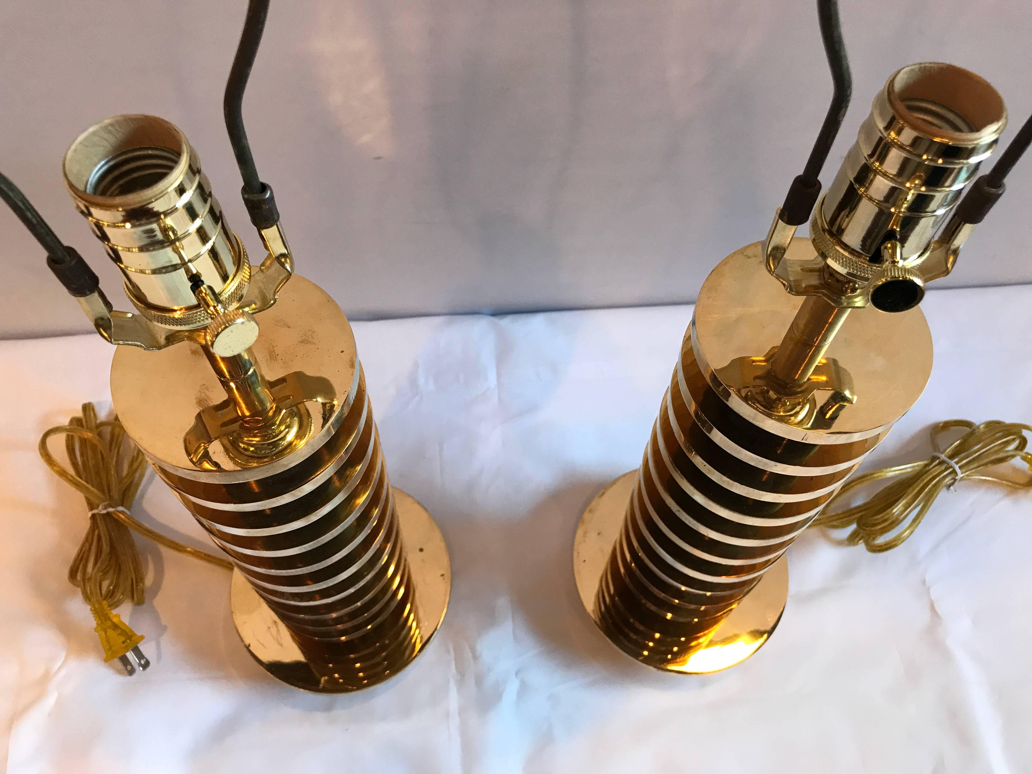 Pair of Brass and Metal Disk Shaped Mid-Century Modern Table Lamps 3