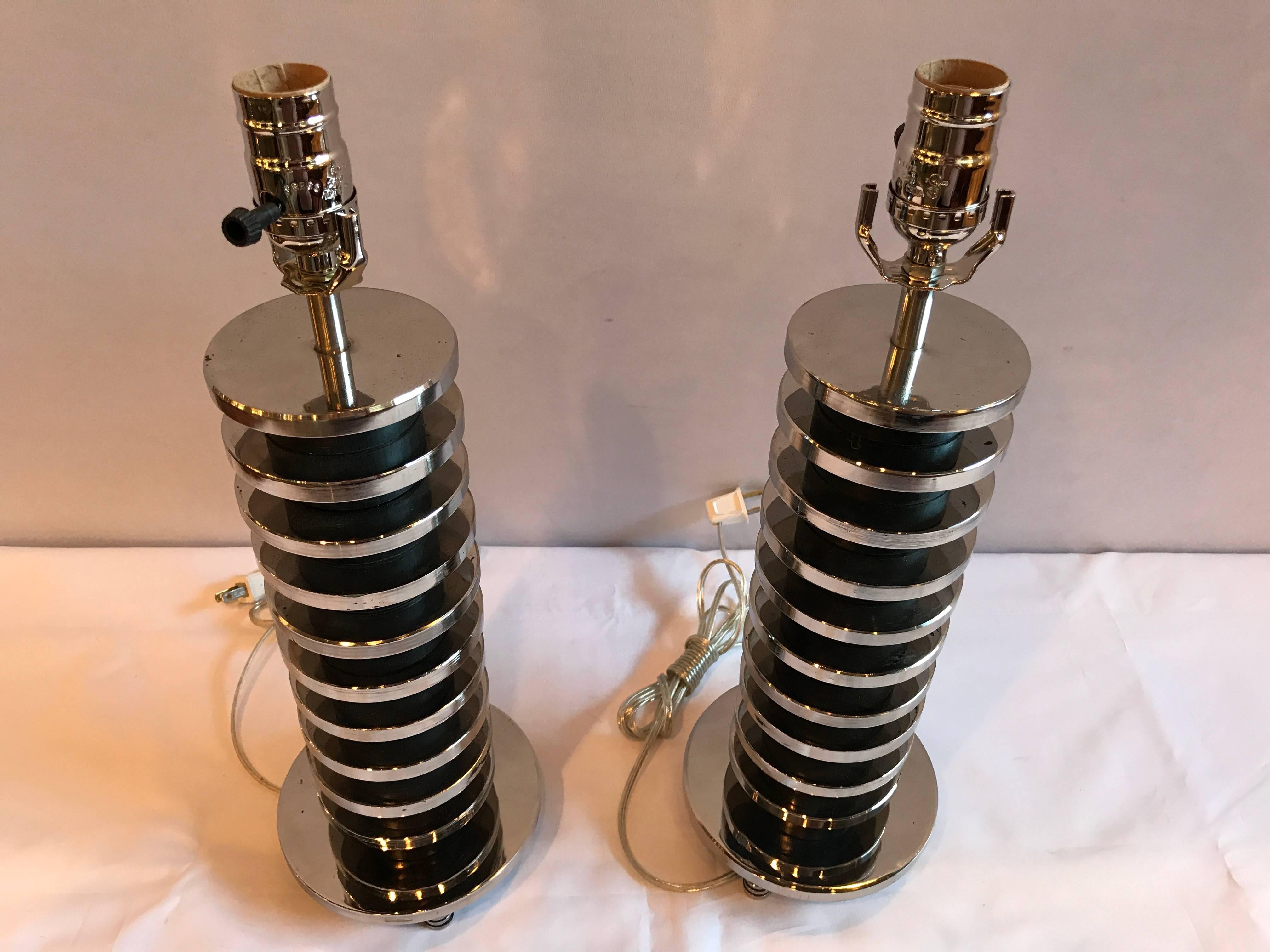 Pair of Mid-Century Modern Spinal Disk from Table Lamps in Chrome 1