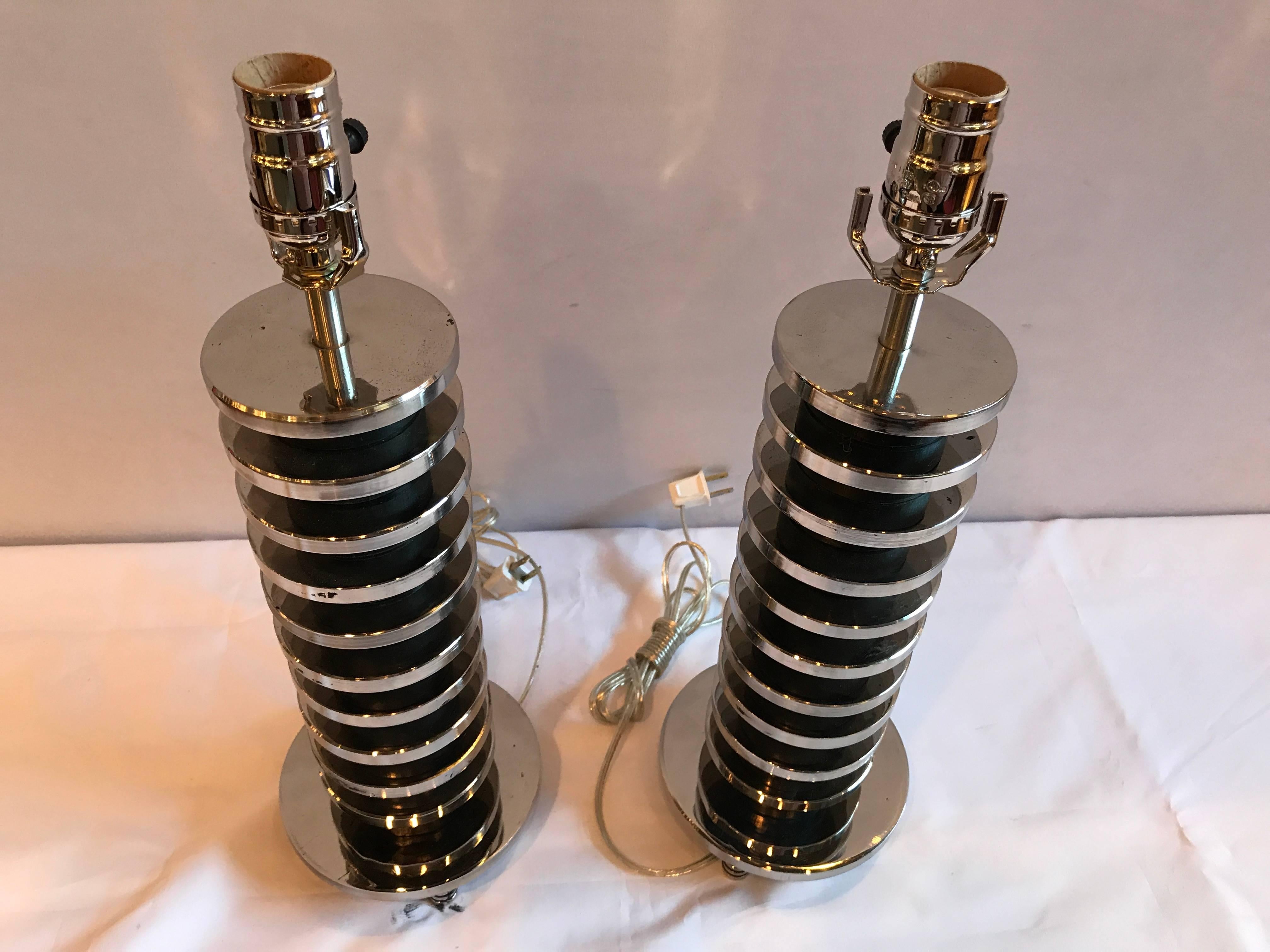 Pair of Mid-Century Modern Spinal Disk from Table Lamps in Chrome 3