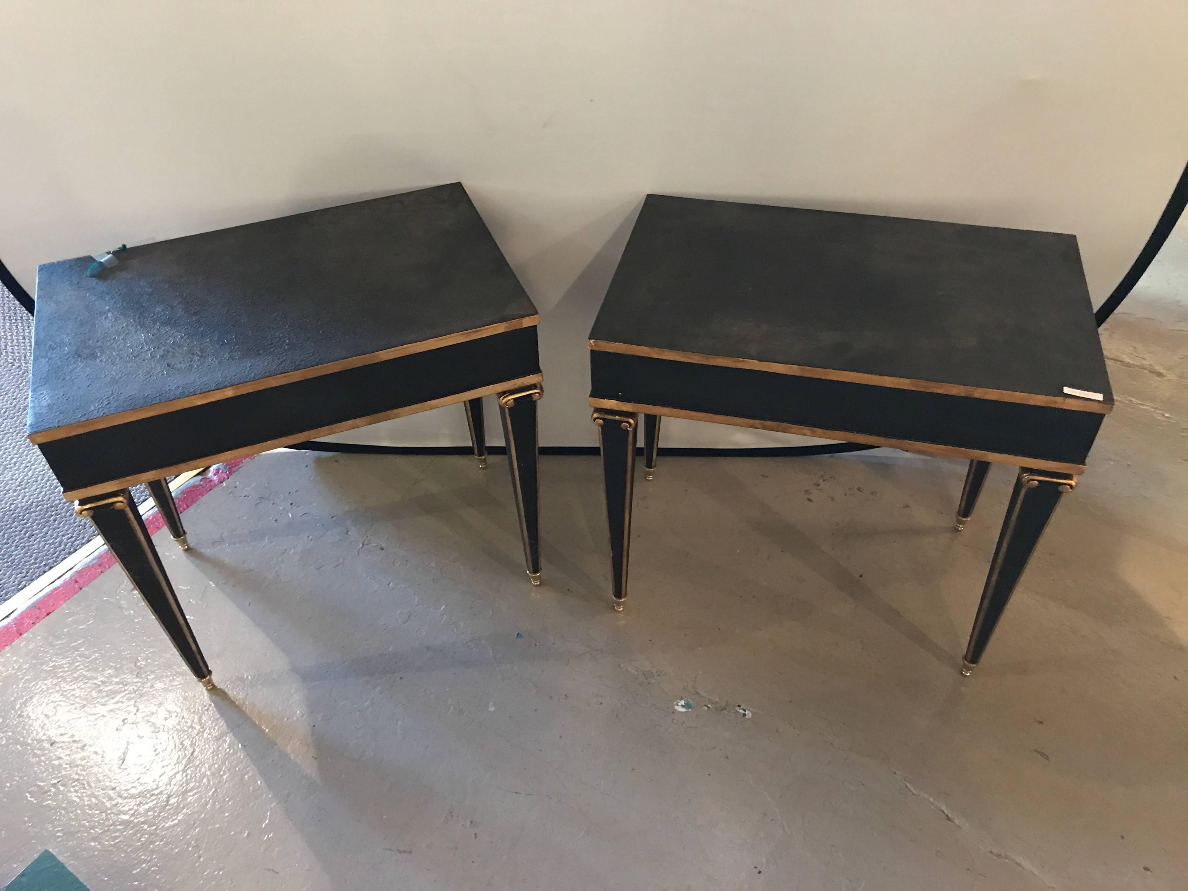 Hollywood Regency Pair of Maison Jansen Style End Table in Leather Top and Bronze-Mounted Legs