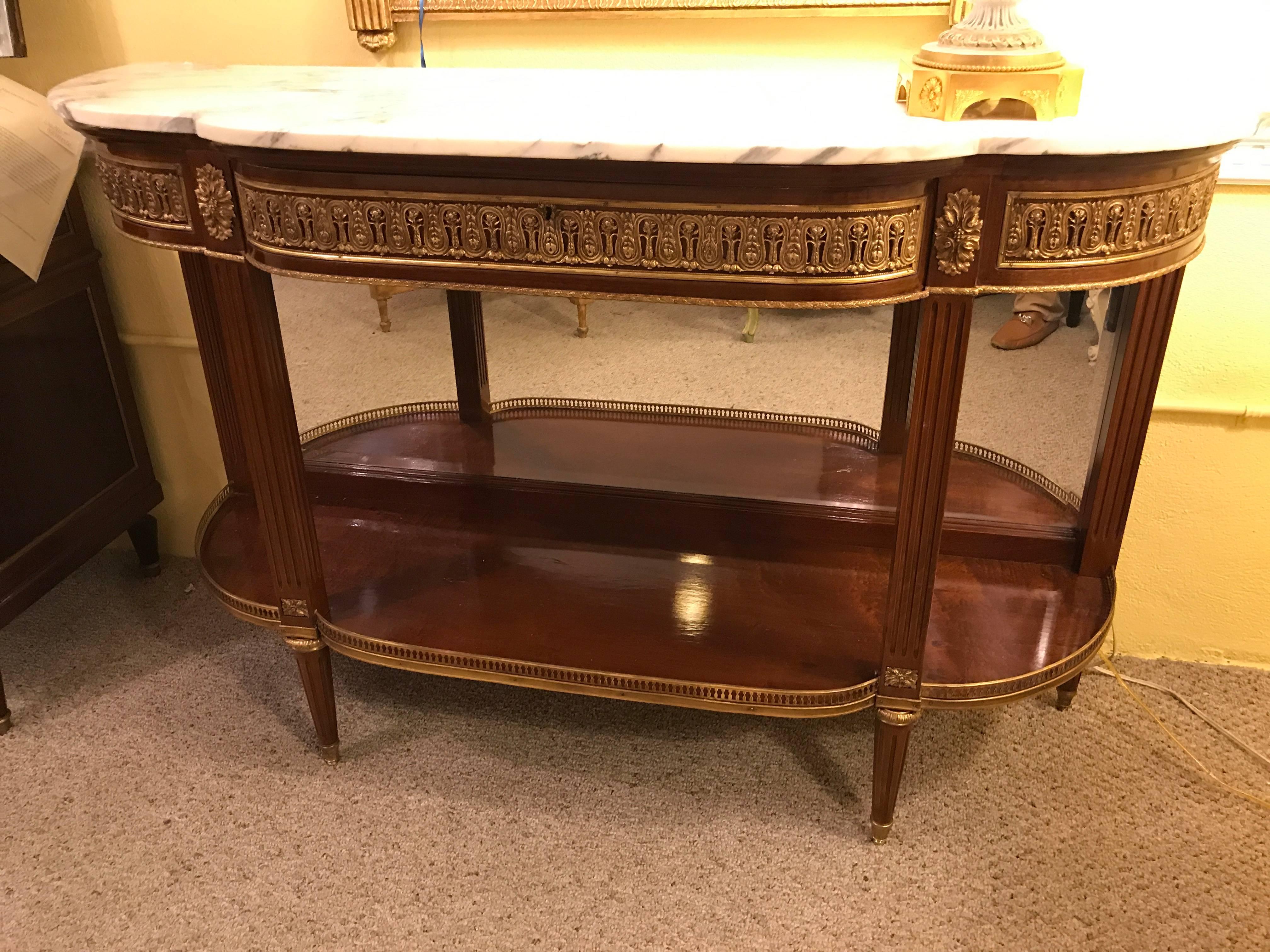 Pair of Jansen Style Marble-Top Bronze Mounted Consoles In Good Condition In Stamford, CT