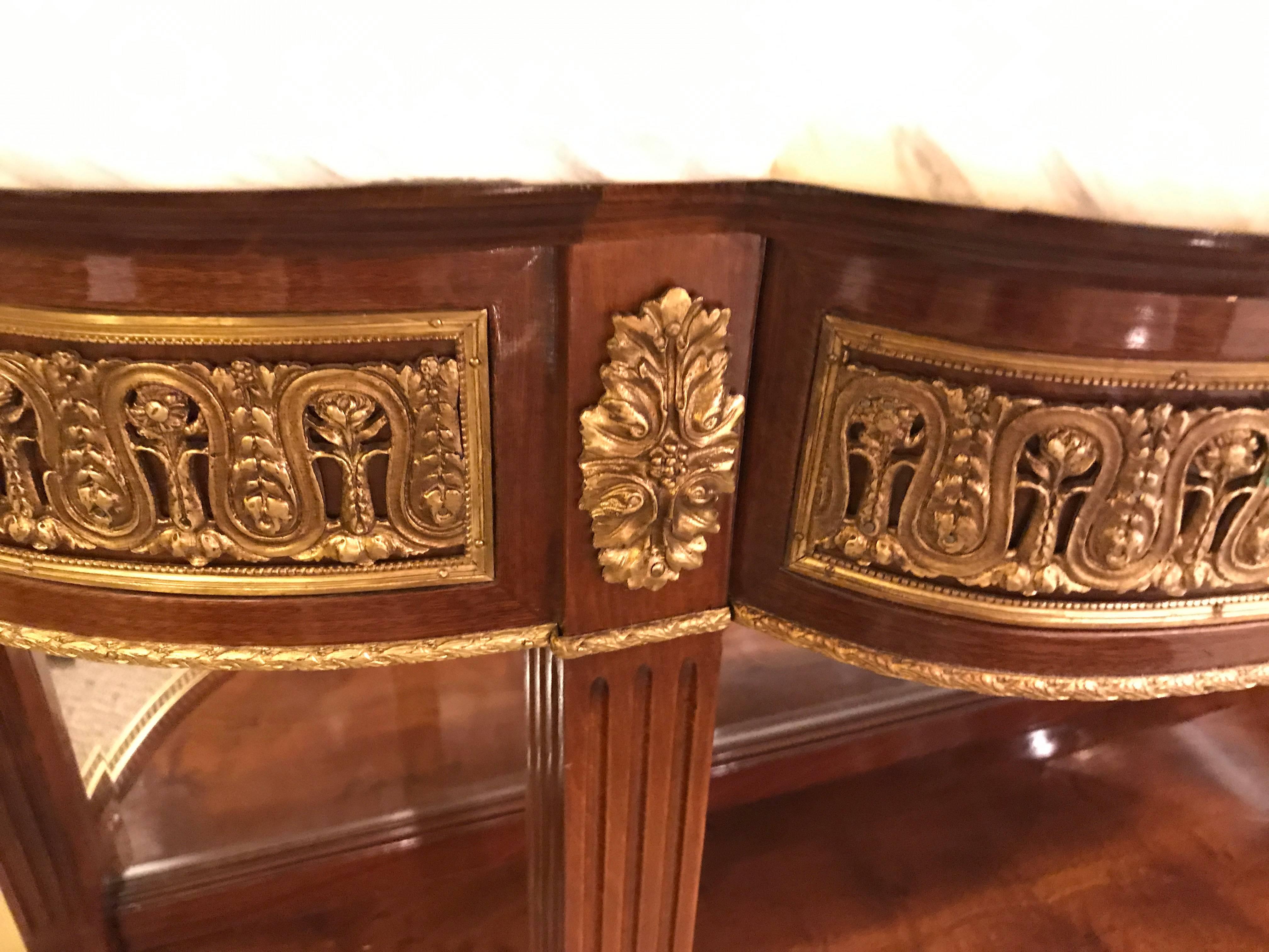 Mahogany Pair of Jansen Style Marble-Top Bronze Mounted Consoles