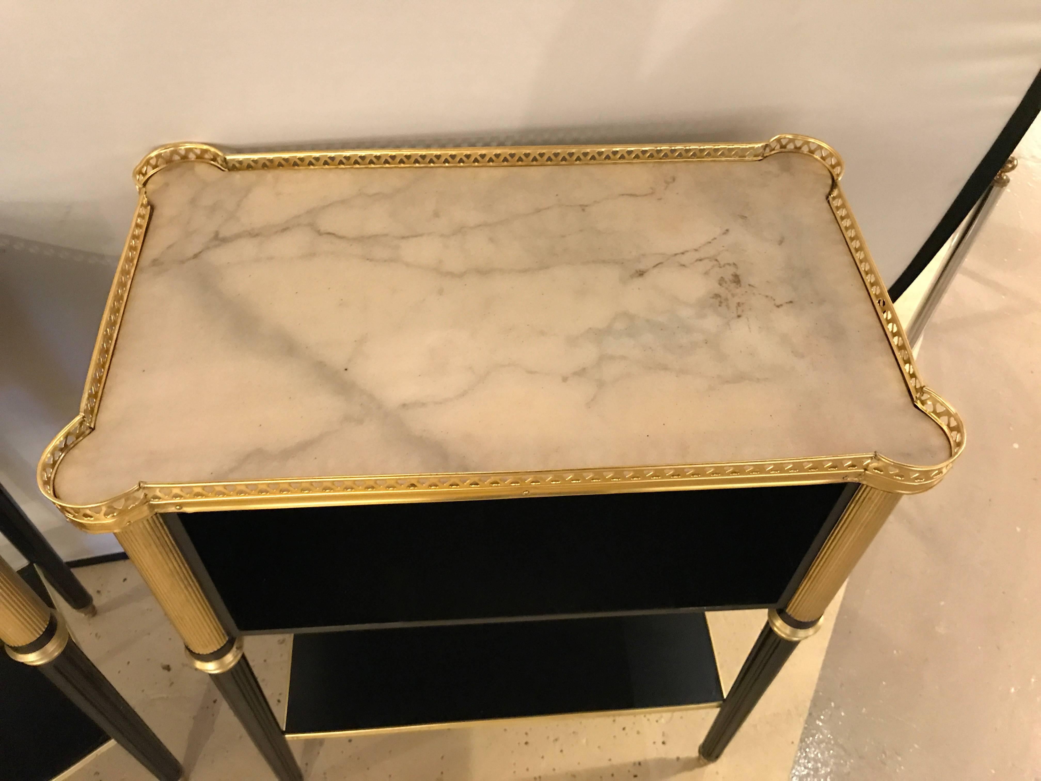 Hollywood Regency Fine Pair of Jansen Louis XVI Style Ebonized Marble-Top End Tables
