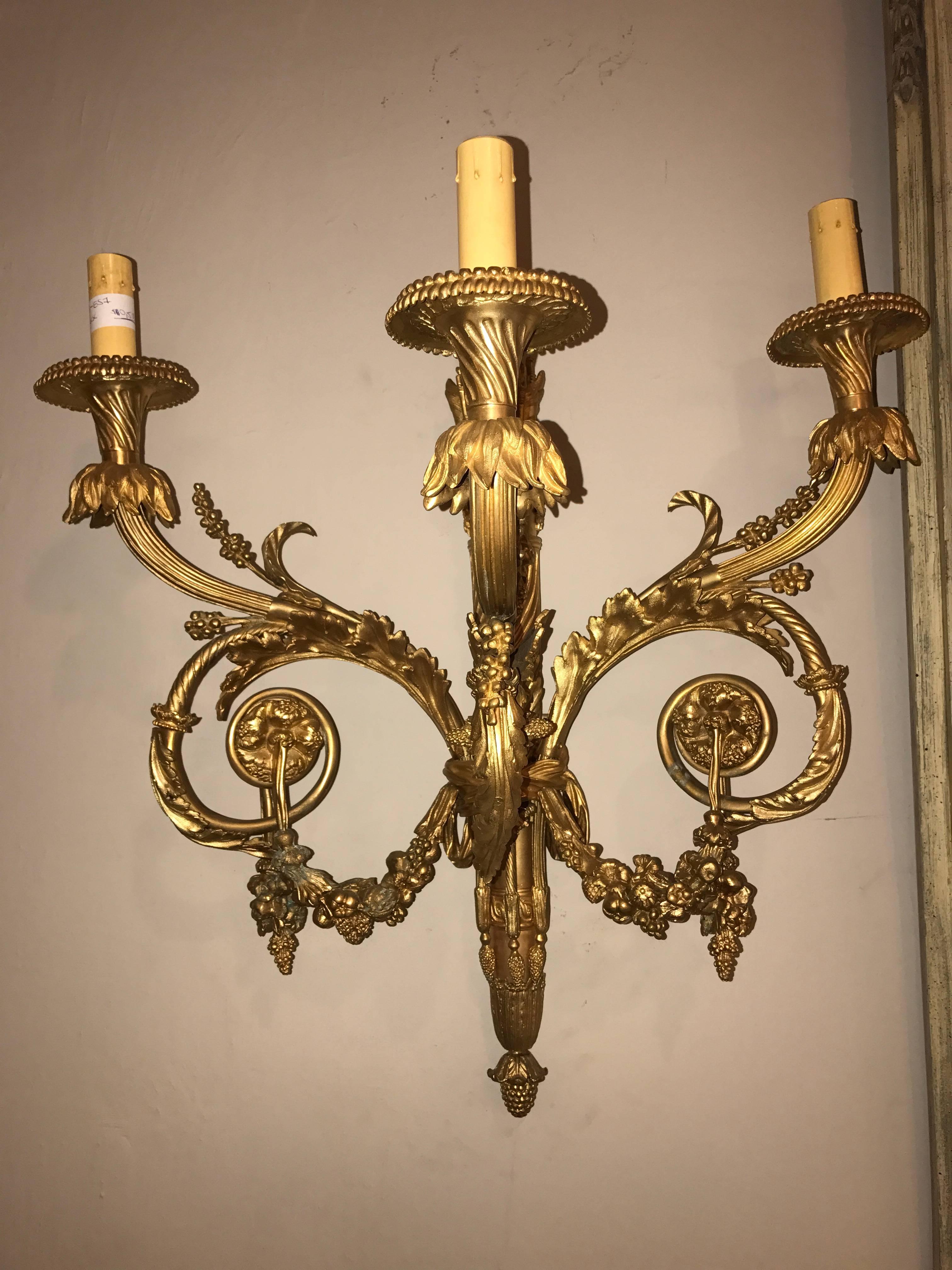 Pair of Monumental Three-Light Sconces Solid Bronze Louis XVI Style In Good Condition In Stamford, CT