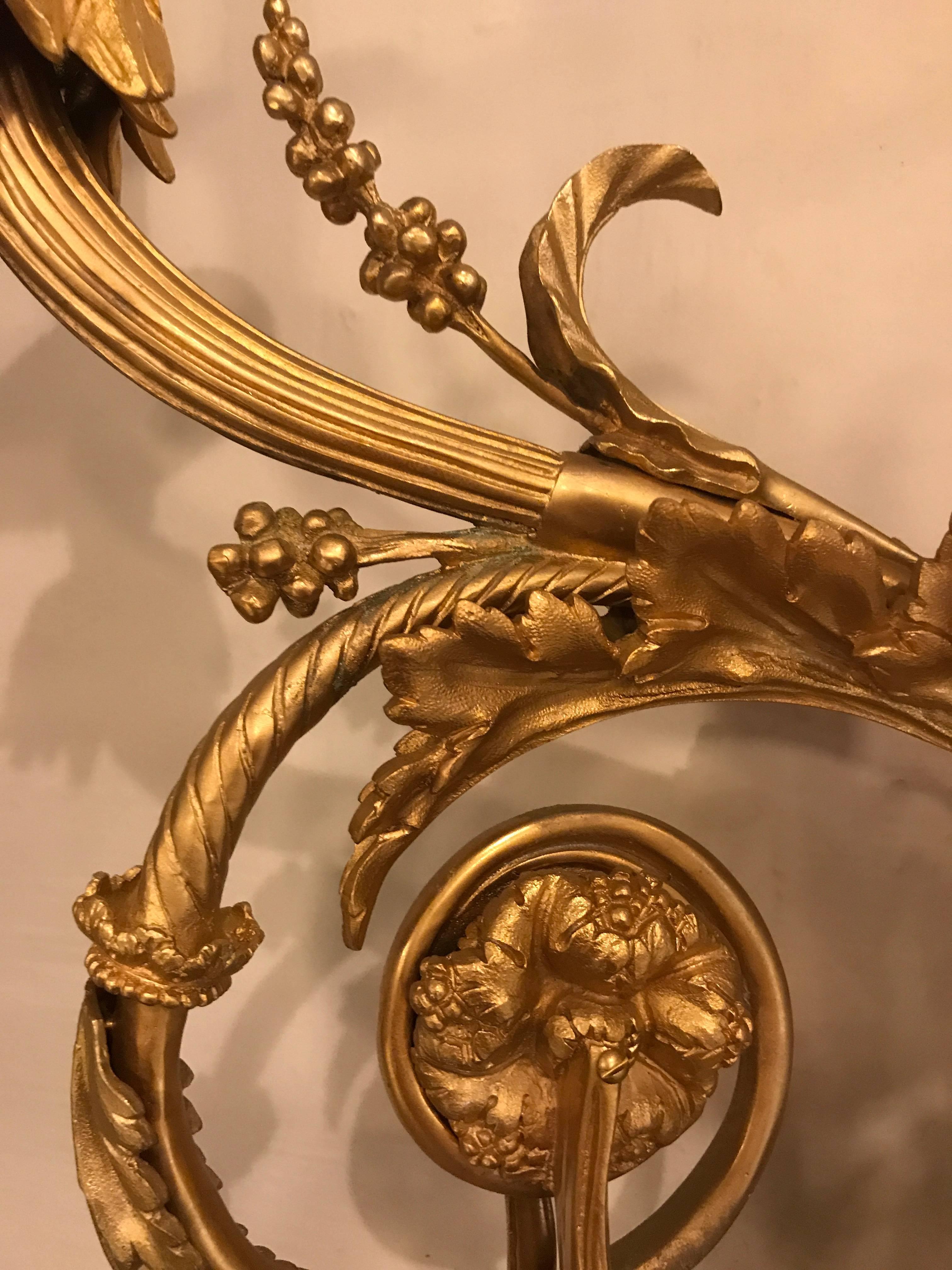 Pair of Monumental Three-Light Sconces Solid Bronze Louis XVI Style 2