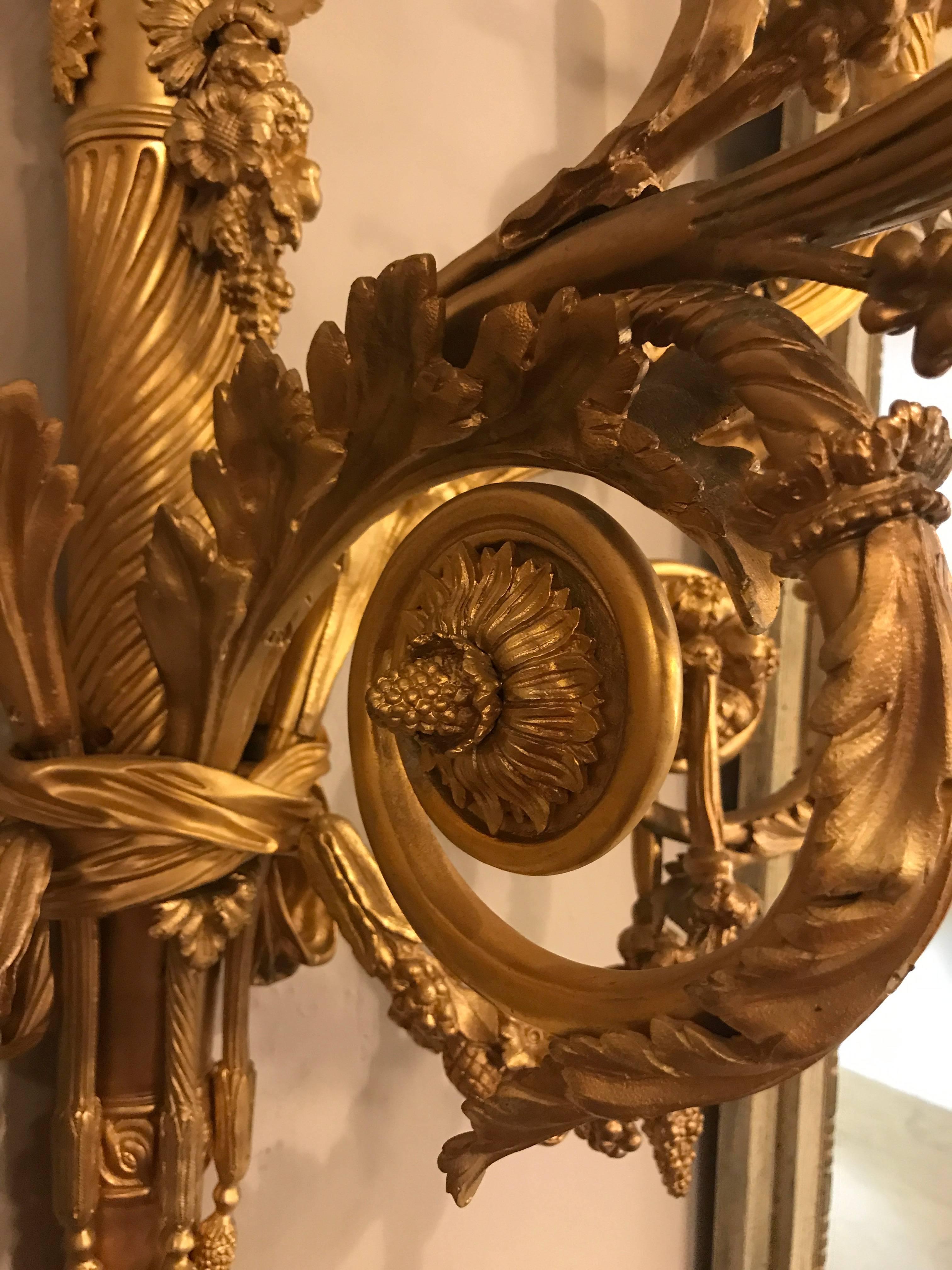 Pair of Monumental Three-Light Sconces Solid Bronze Louis XVI Style 3