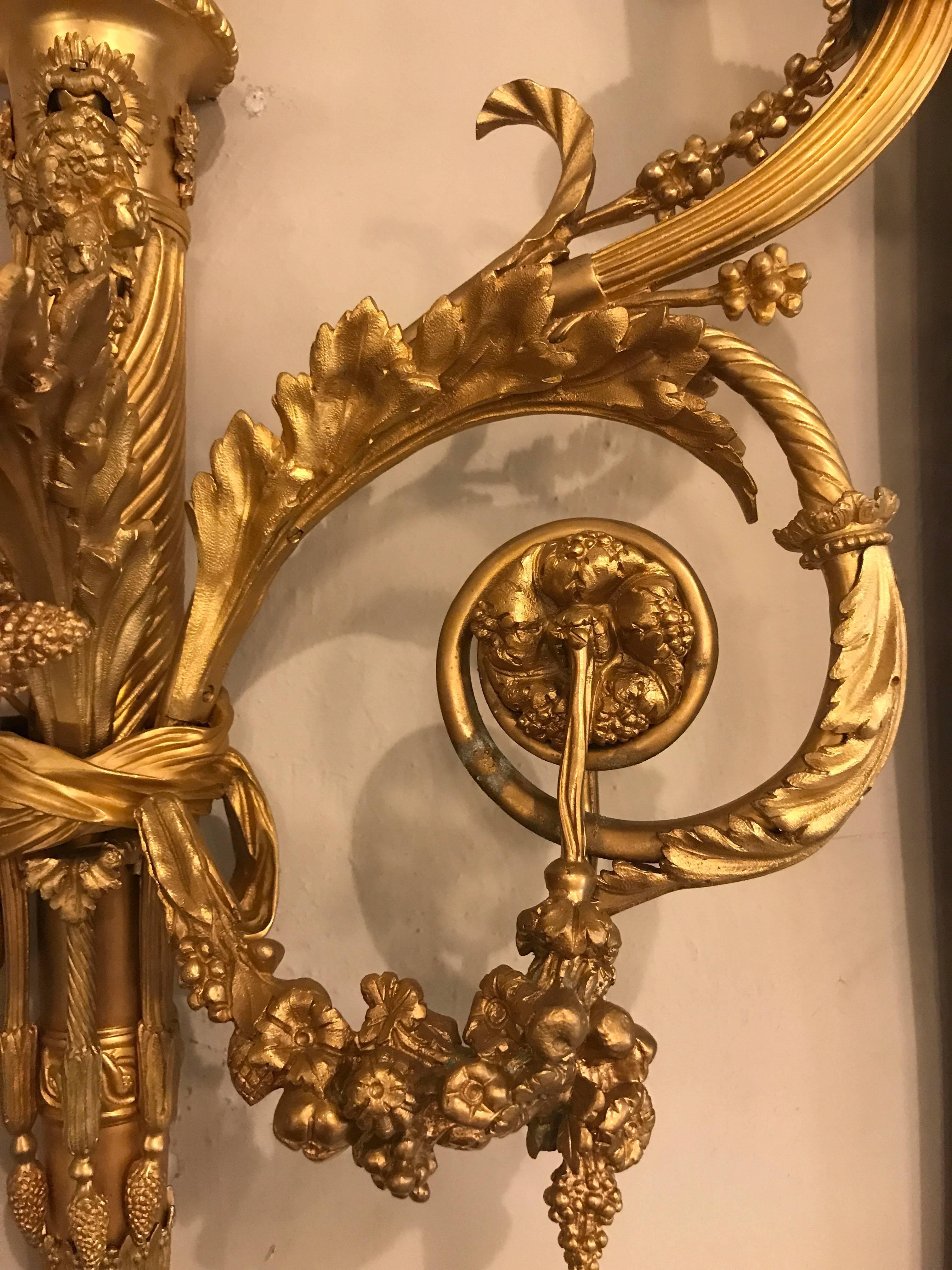 Pair of Monumental Three-Light Sconces Solid Bronze Louis XVI Style 6