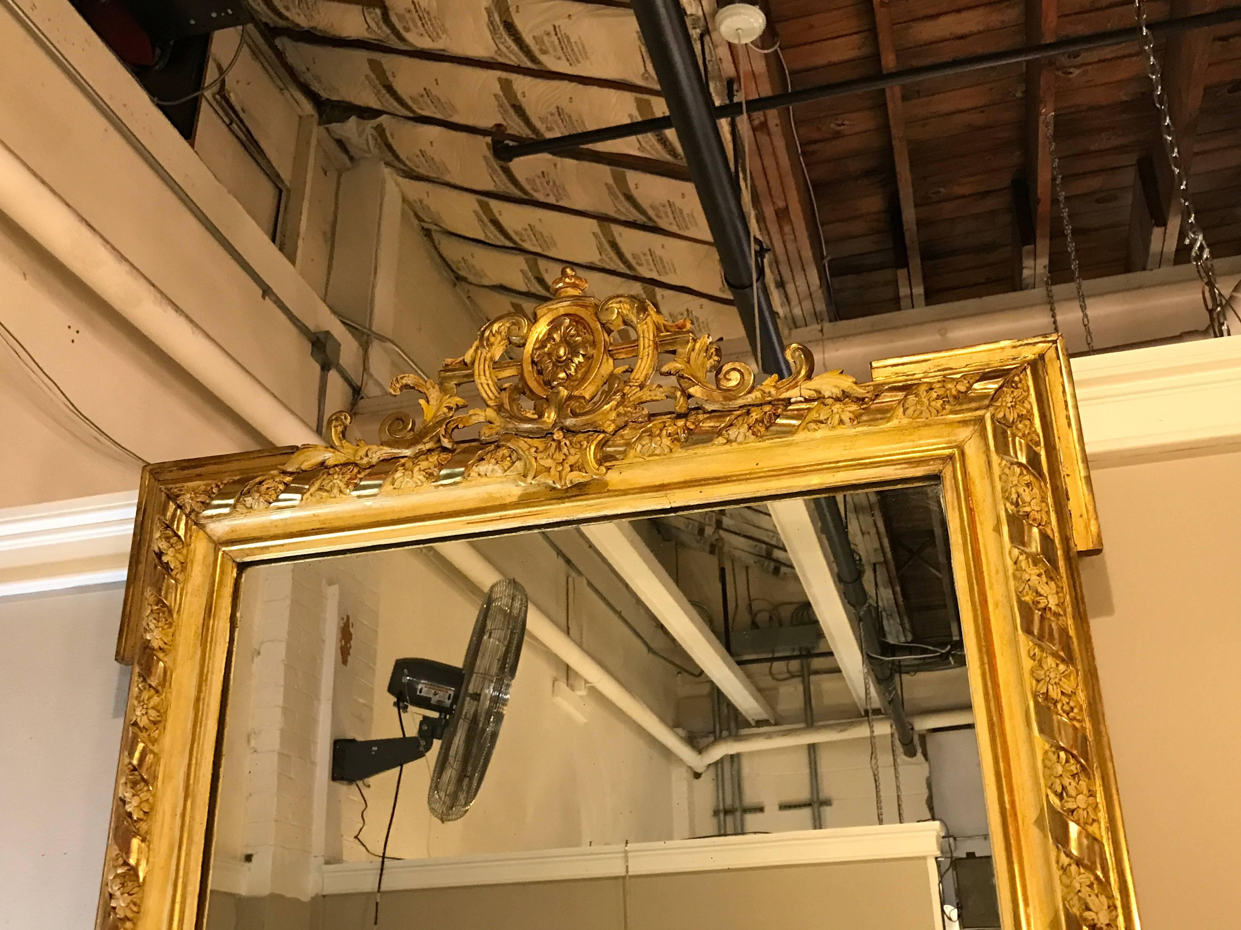 19th Century French Louis XVI Style Gilt Mirror with Carved Crest 5