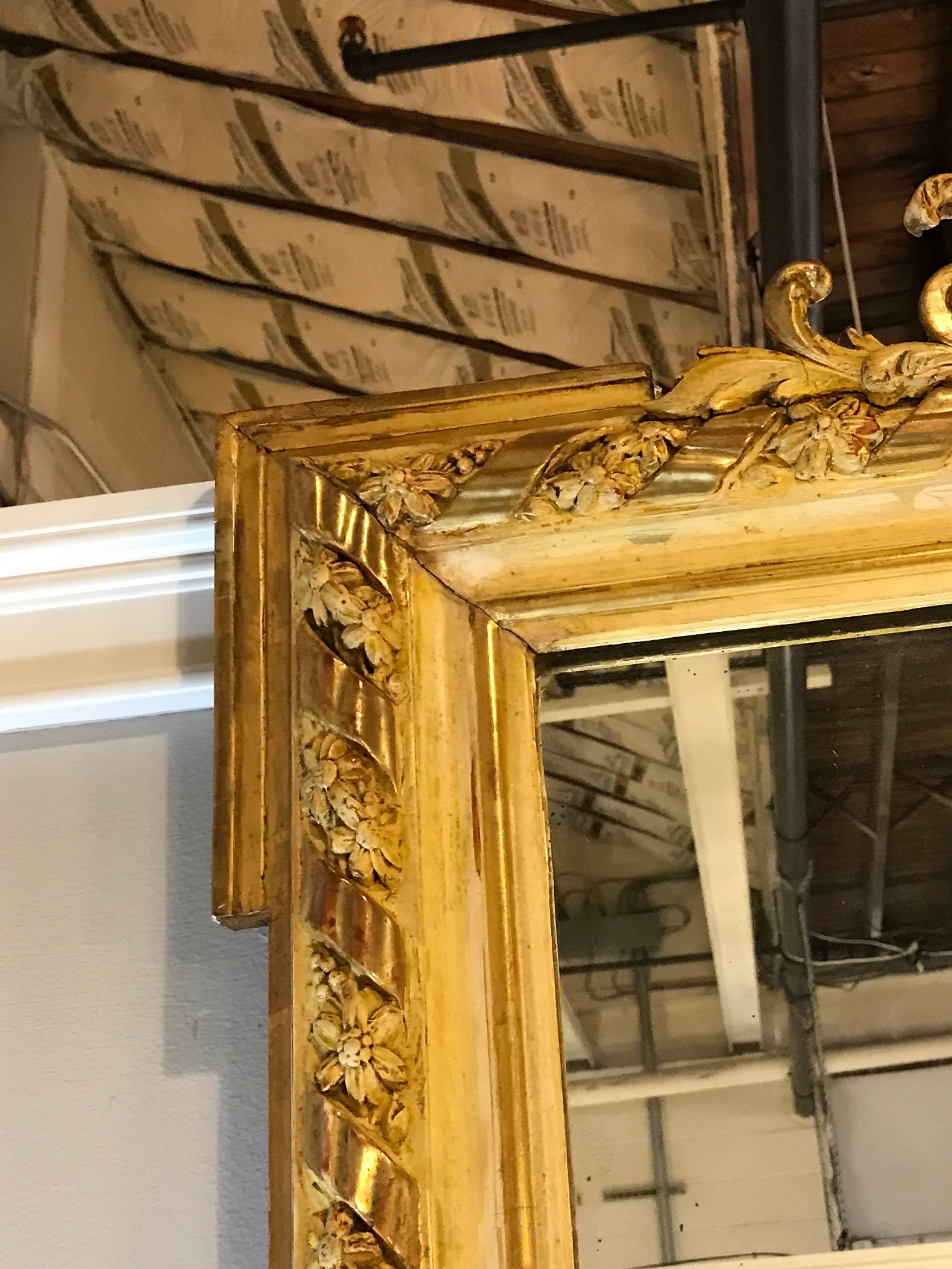 19th Century French Louis XVI Style Gilt Mirror with Carved Crest 6