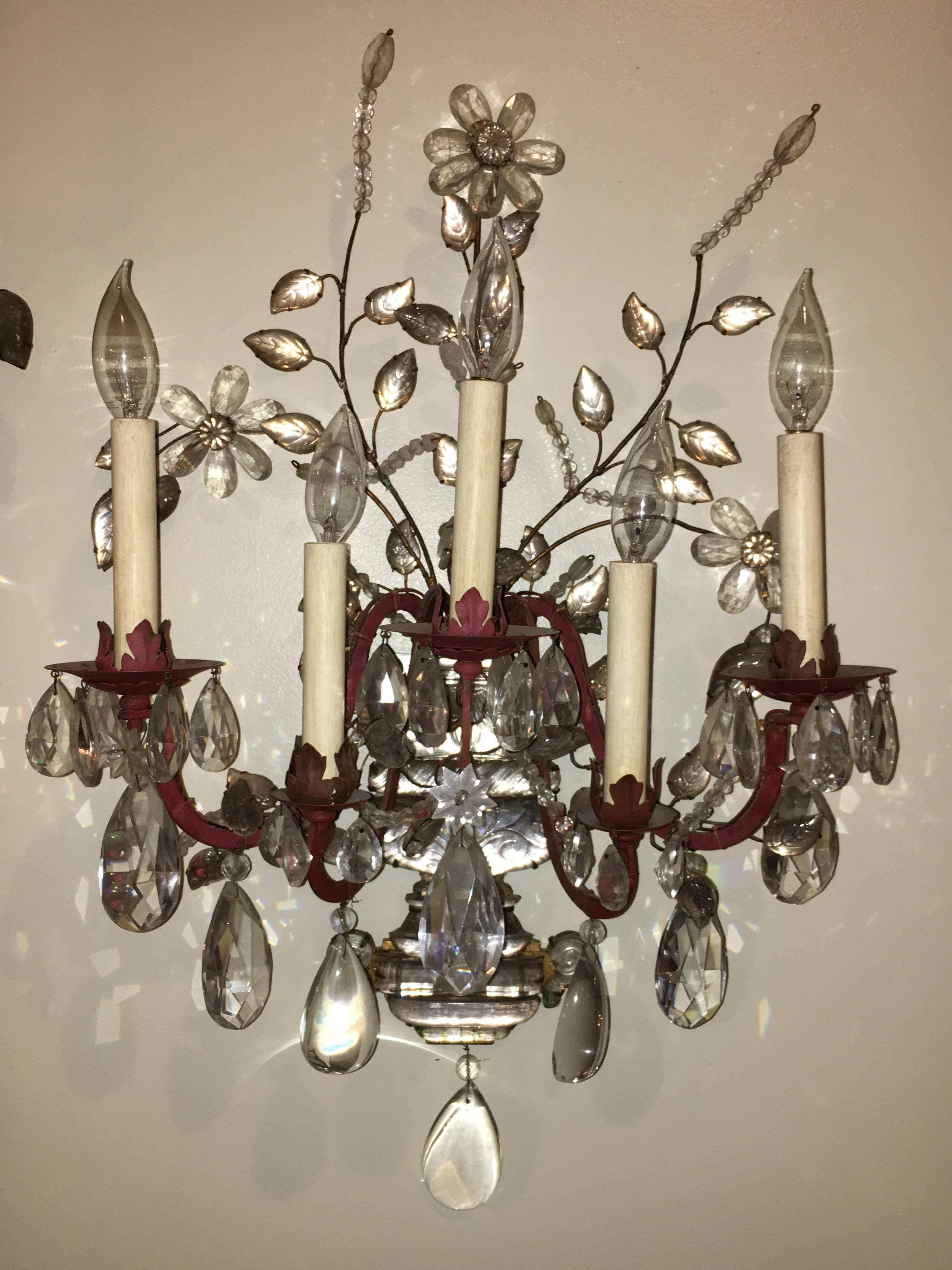 Set of Four Crystal and Bronze Five Light Wall Sconces Manner of Maison Bagues 1