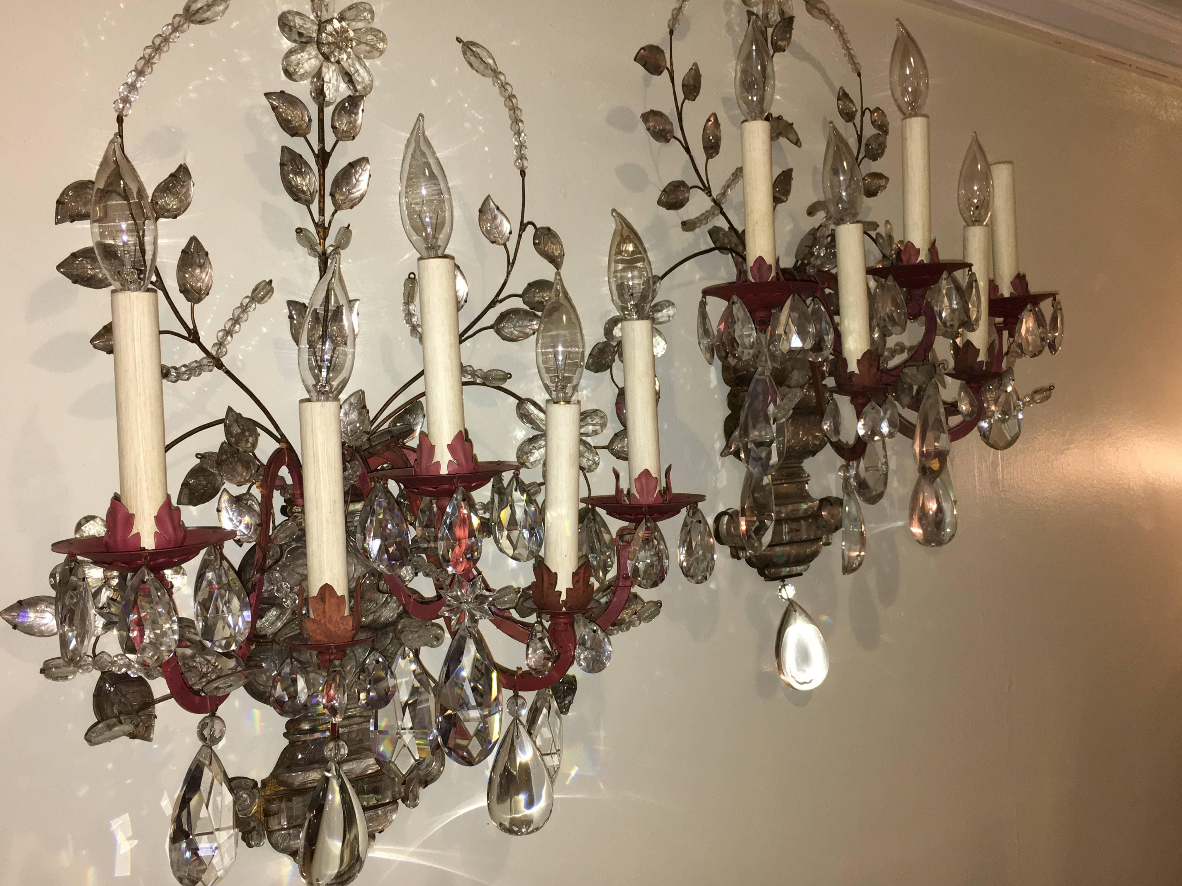 Set of Four Crystal and Bronze Five Light Wall Sconces Manner of Maison Bagues In Good Condition In Stamford, CT