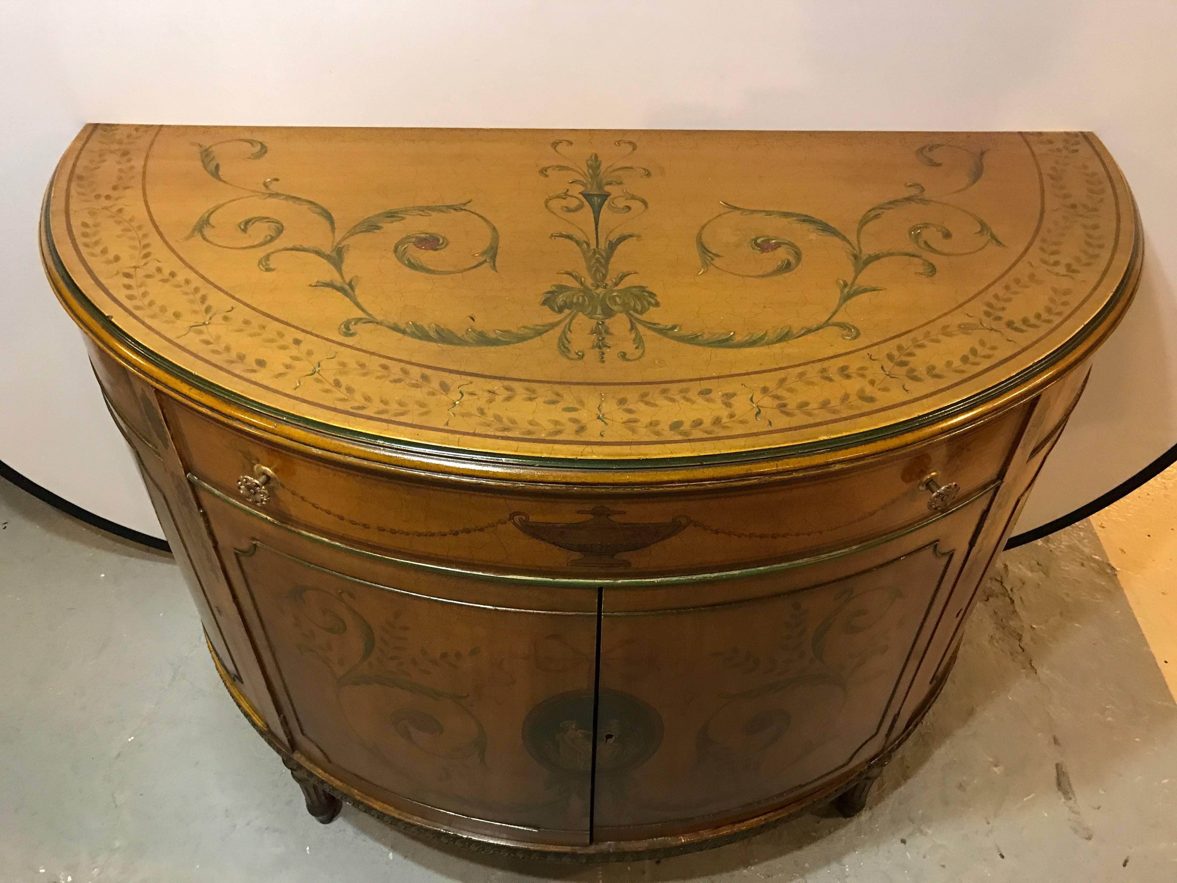Adam Style Adams Style Paint Decorated Demilune Commode or Chest with Interior Drawers