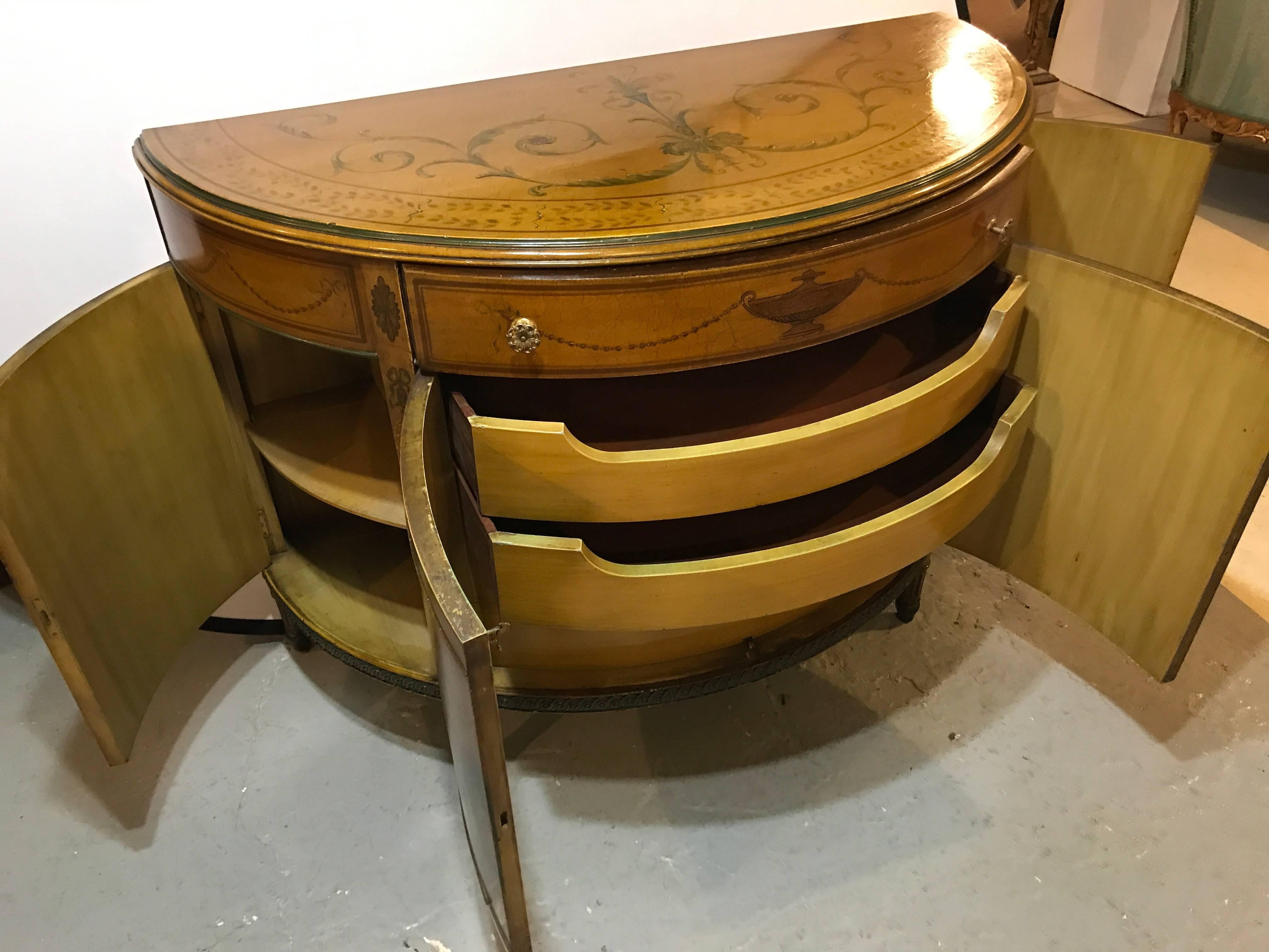 Adams Style Paint Decorated Demilune Commode or Chest with Interior Drawers In Good Condition In Stamford, CT