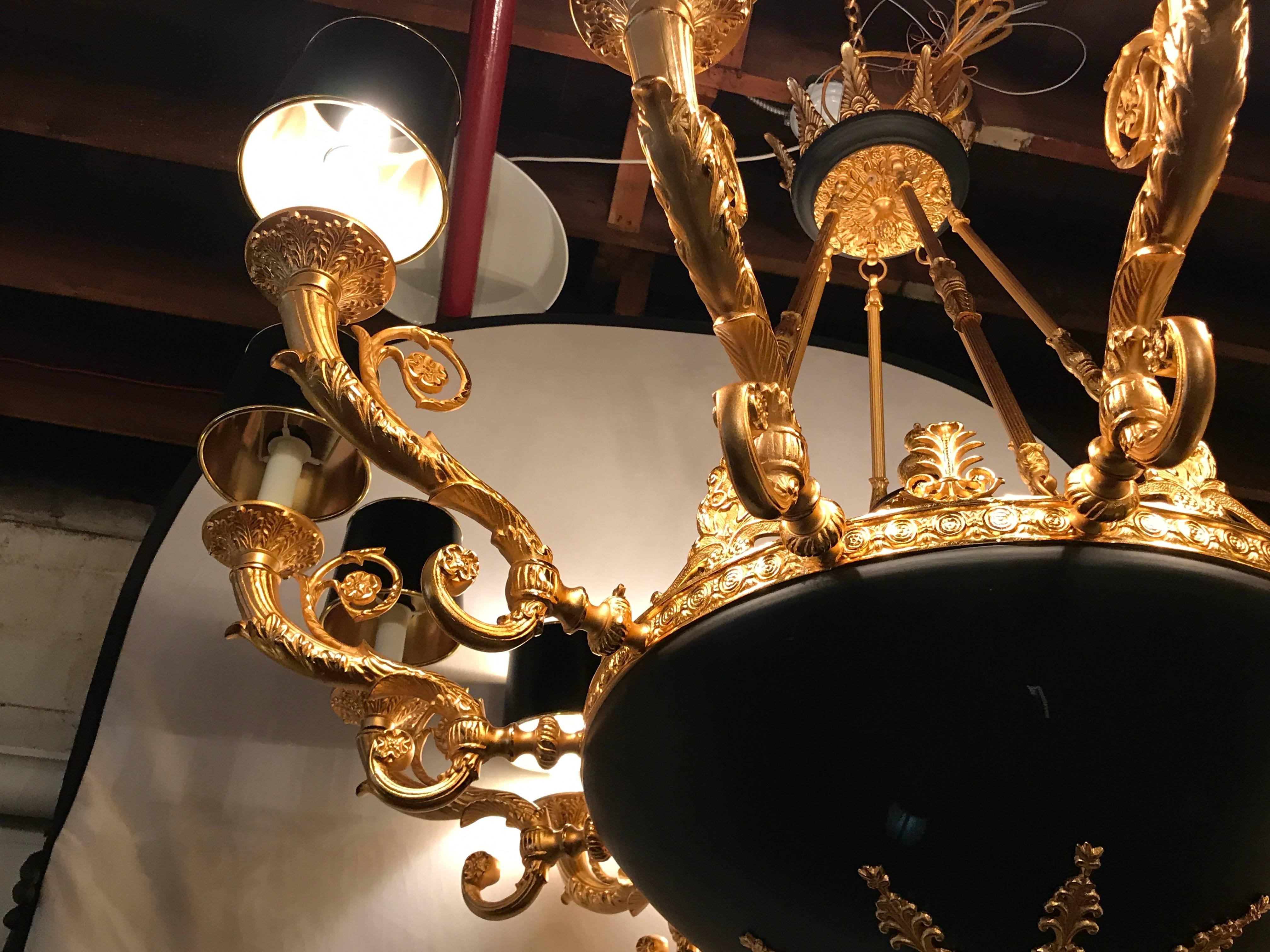 Empire Style Monumental Twelve-Arm Chandelier Bronze and Ebony High Lights In Good Condition In Stamford, CT