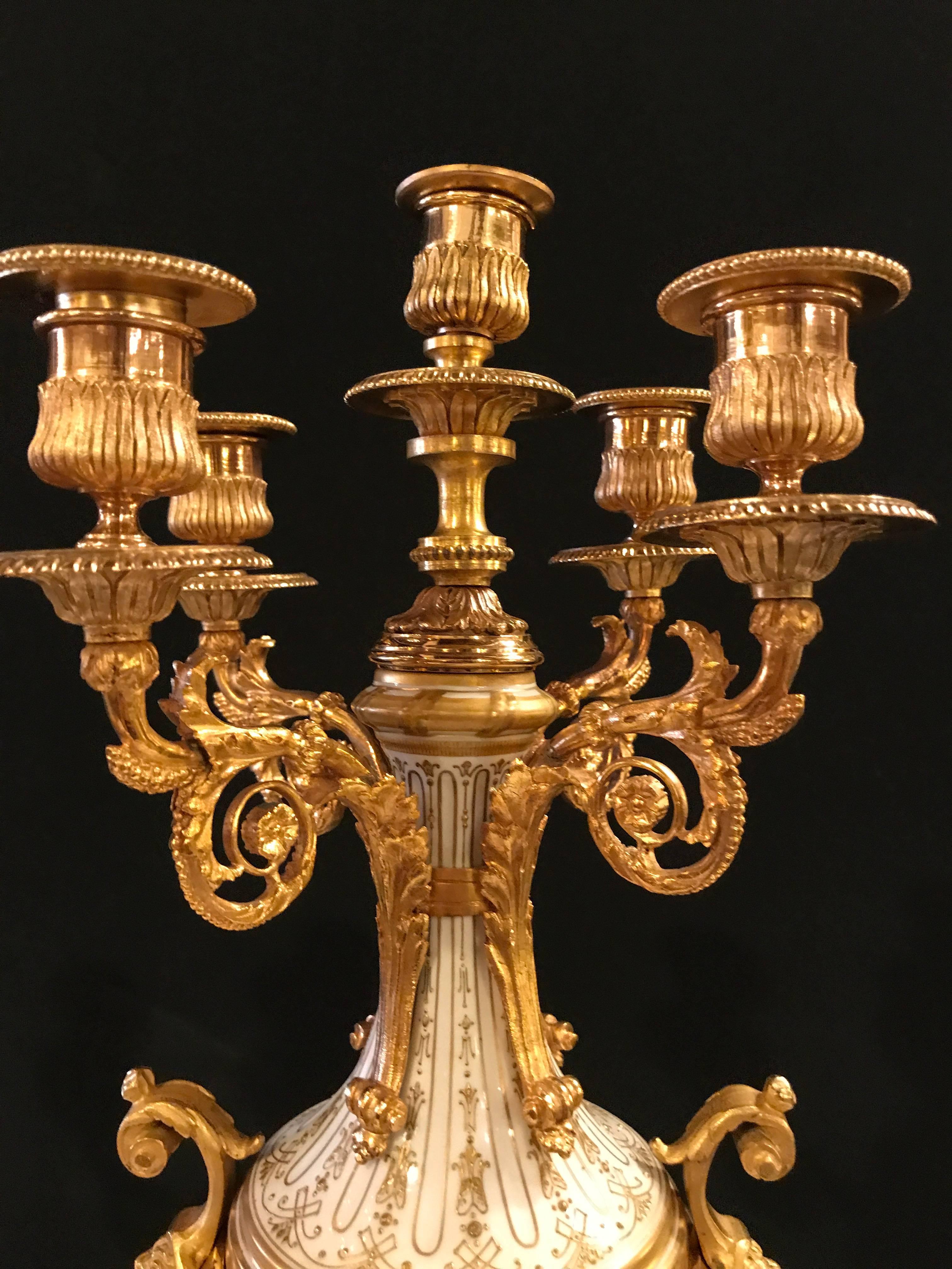 Fine Pair of Gilt Bronze and Porcelain Candelabra with Cherub Painting 3