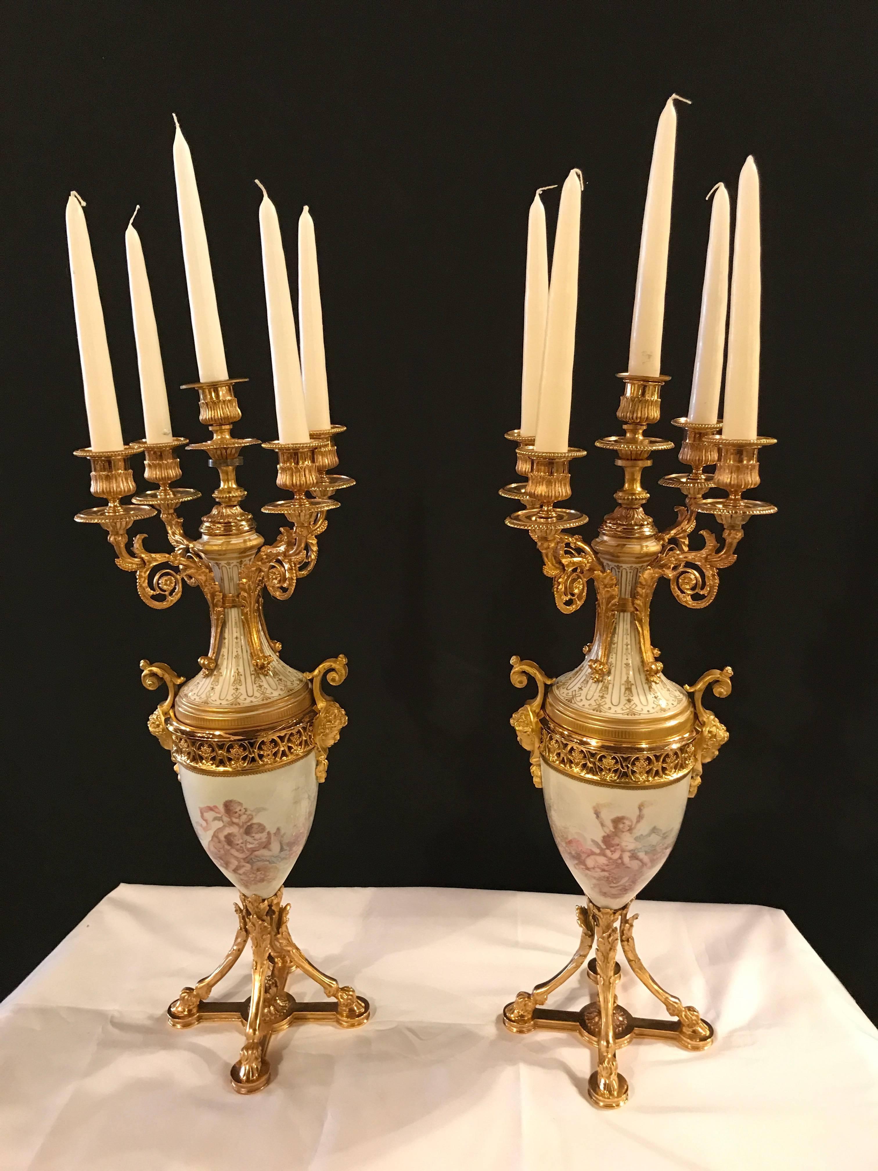 Fine Pair of Gilt Bronze and Porcelain Candelabra with Cherub Painting 5