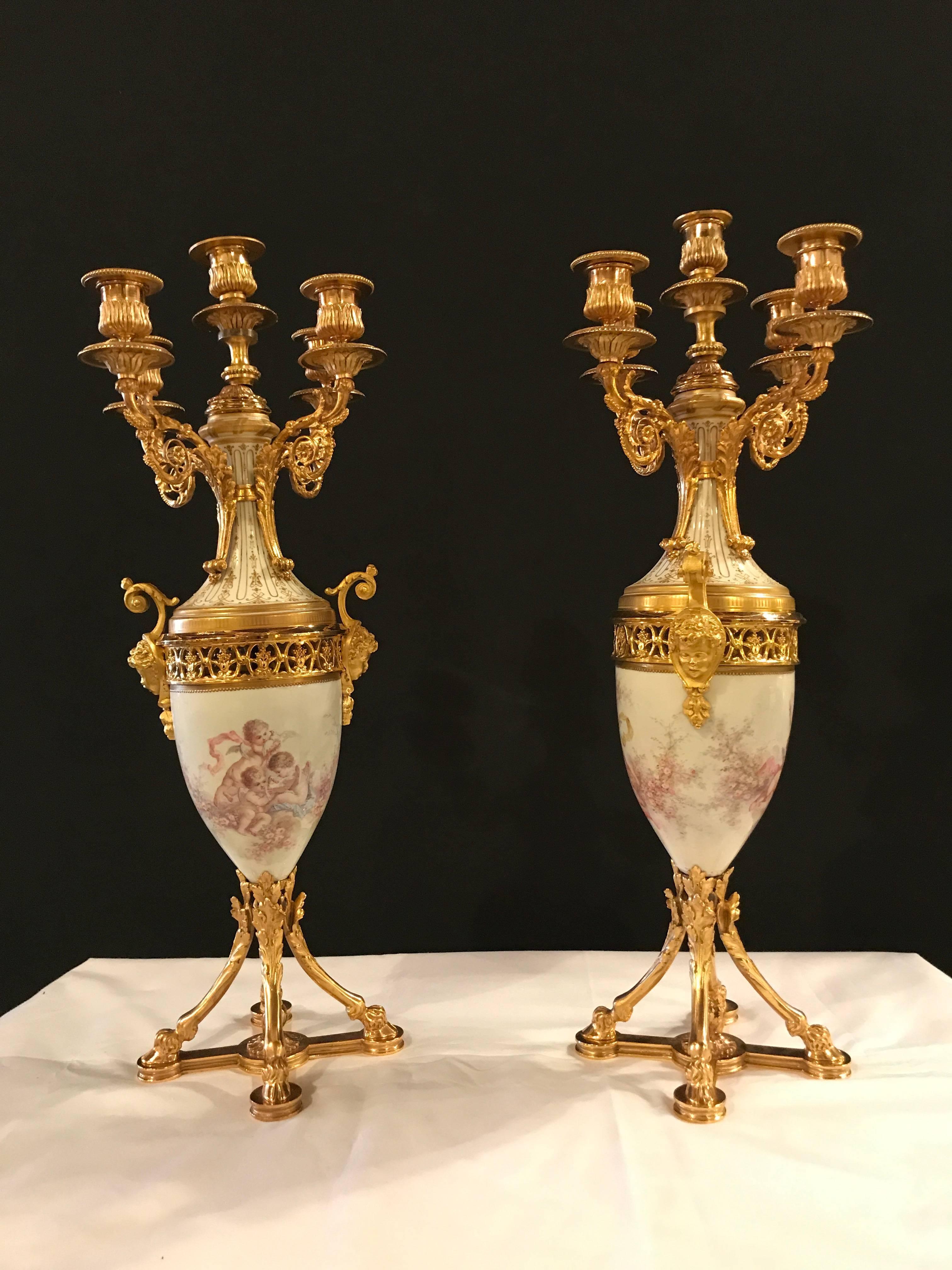 Fine Pair of Gilt Bronze and Porcelain Candelabra with Cherub Painting 1