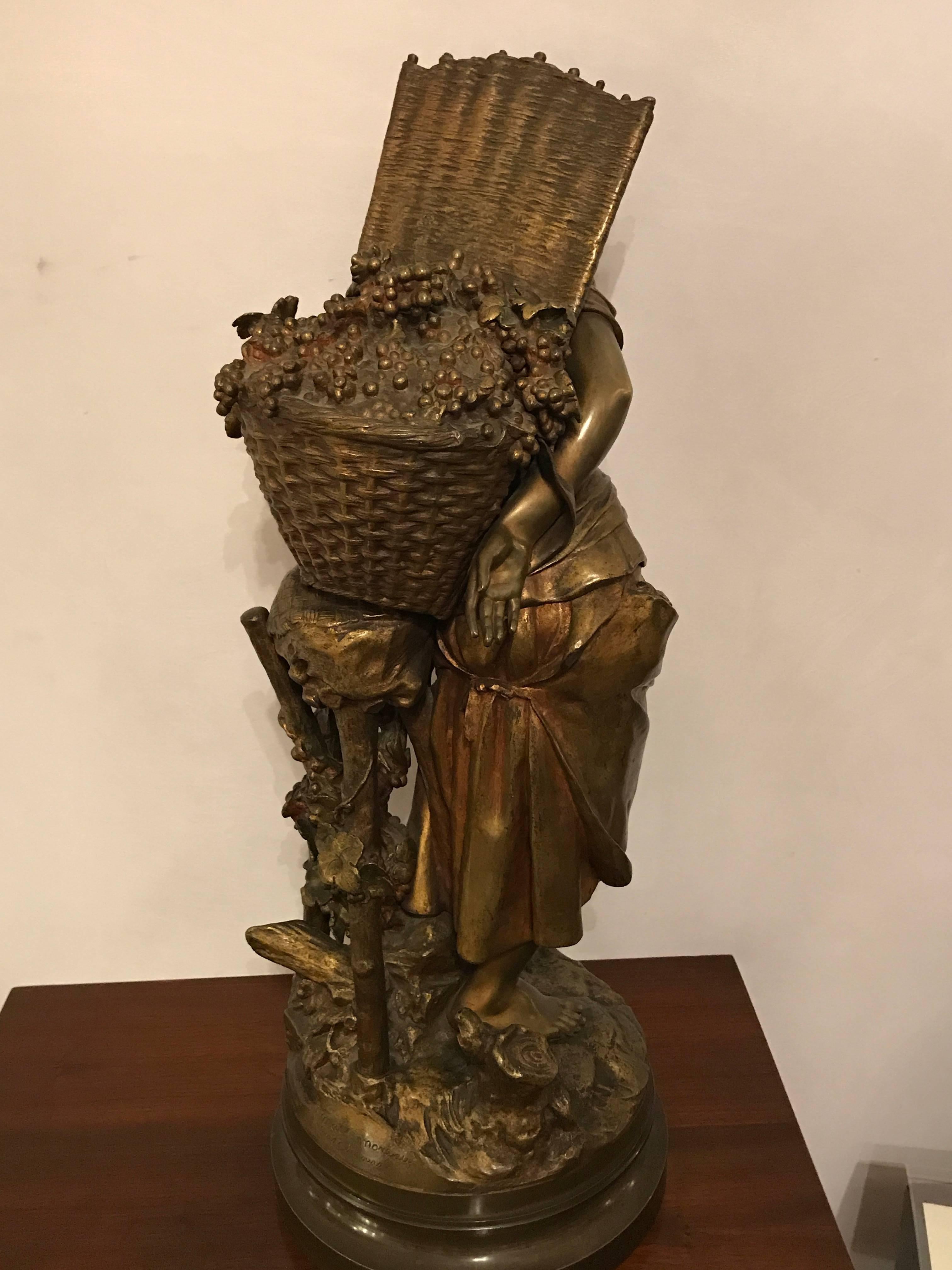 Palatial Bronze Sculpture of a Young Girl Picking Fruit by Mathurin Moreau In Good Condition In Stamford, CT