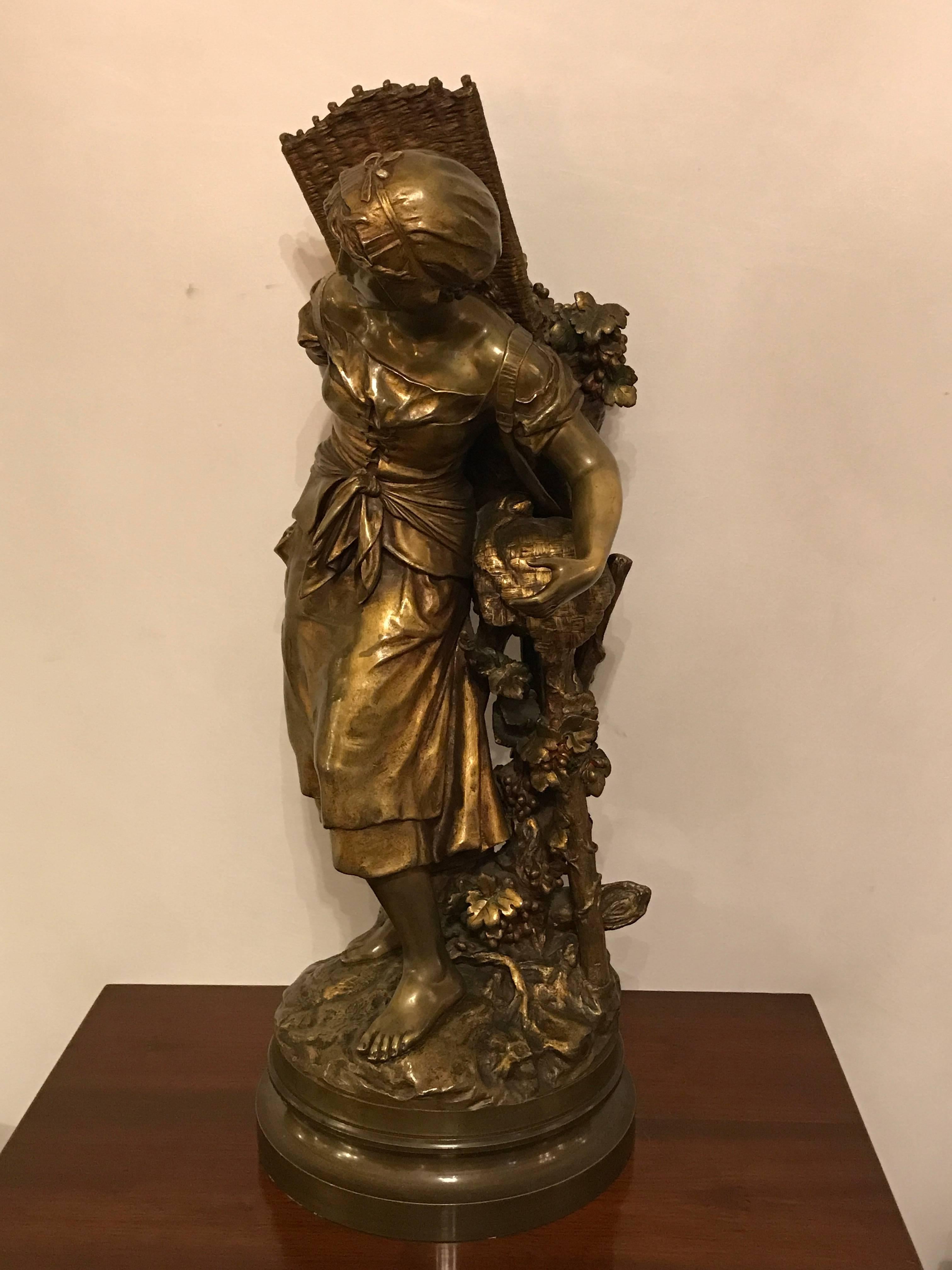 Belle Époque Palatial Bronze Sculpture of a Young Girl Picking Fruit by Mathurin Moreau