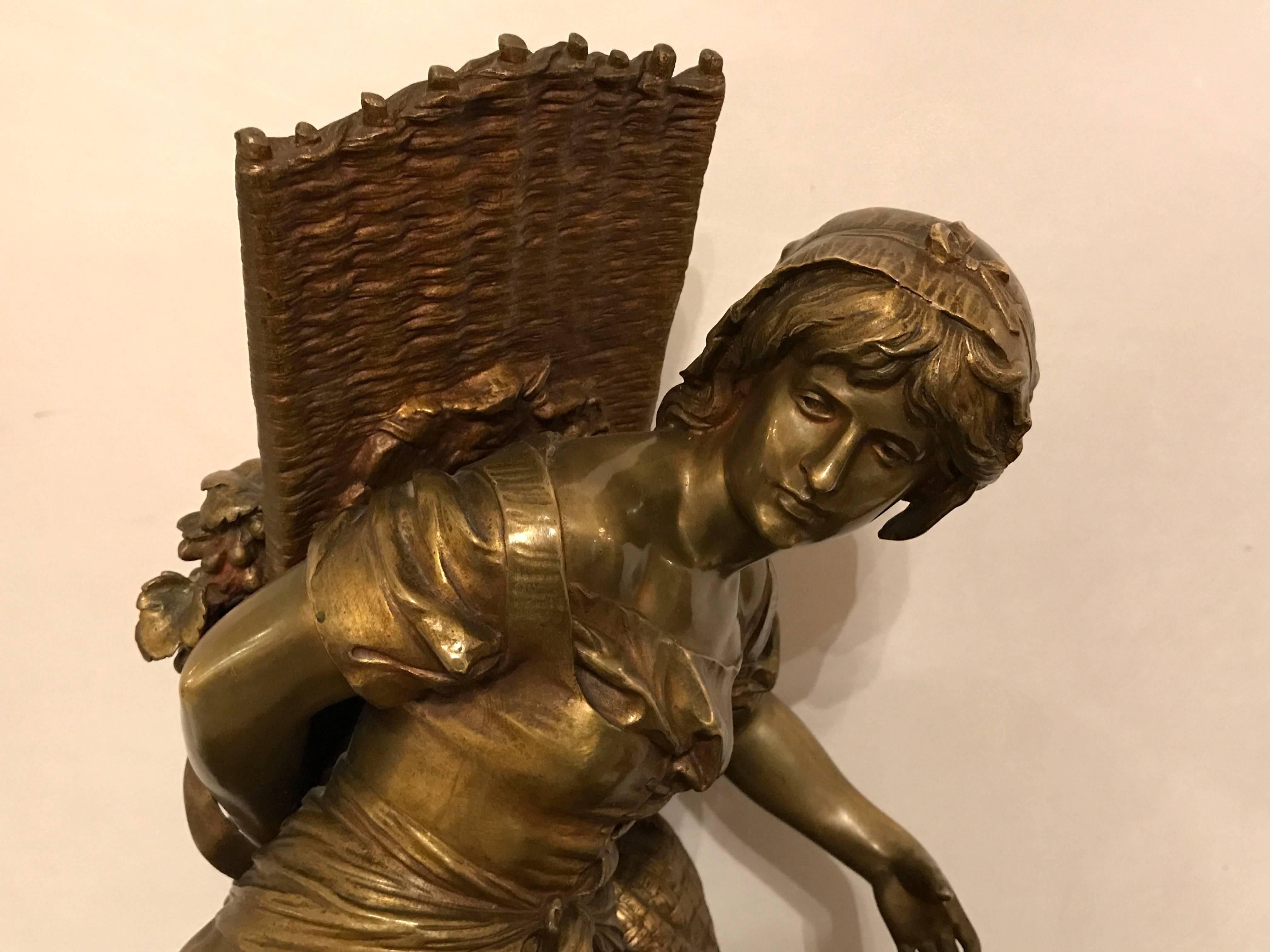French Palatial Bronze Sculpture of a Young Girl Picking Fruit by Mathurin Moreau