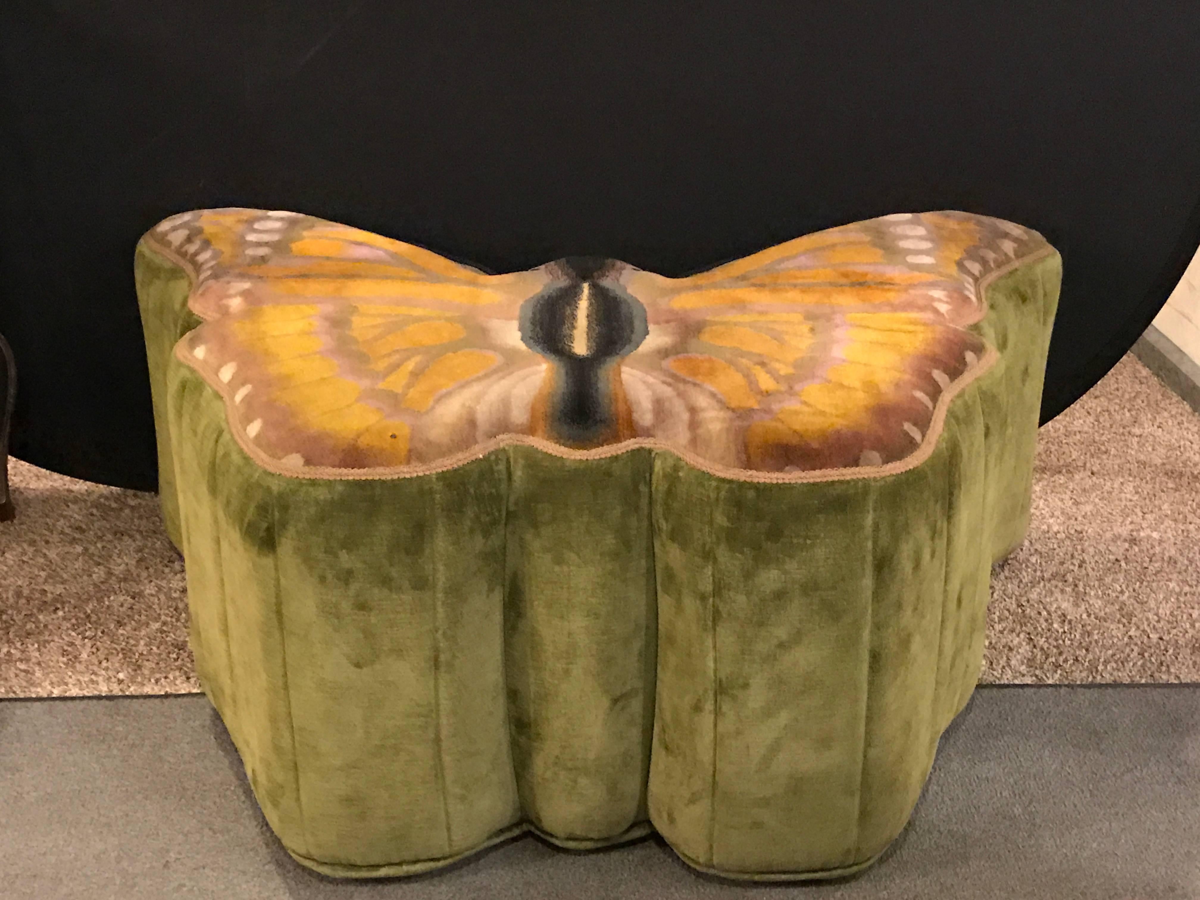 Palatial butterfly ottoman pouf. This wonderfully decorative custom-made pouf depicts a bright and colorful butterfly.
