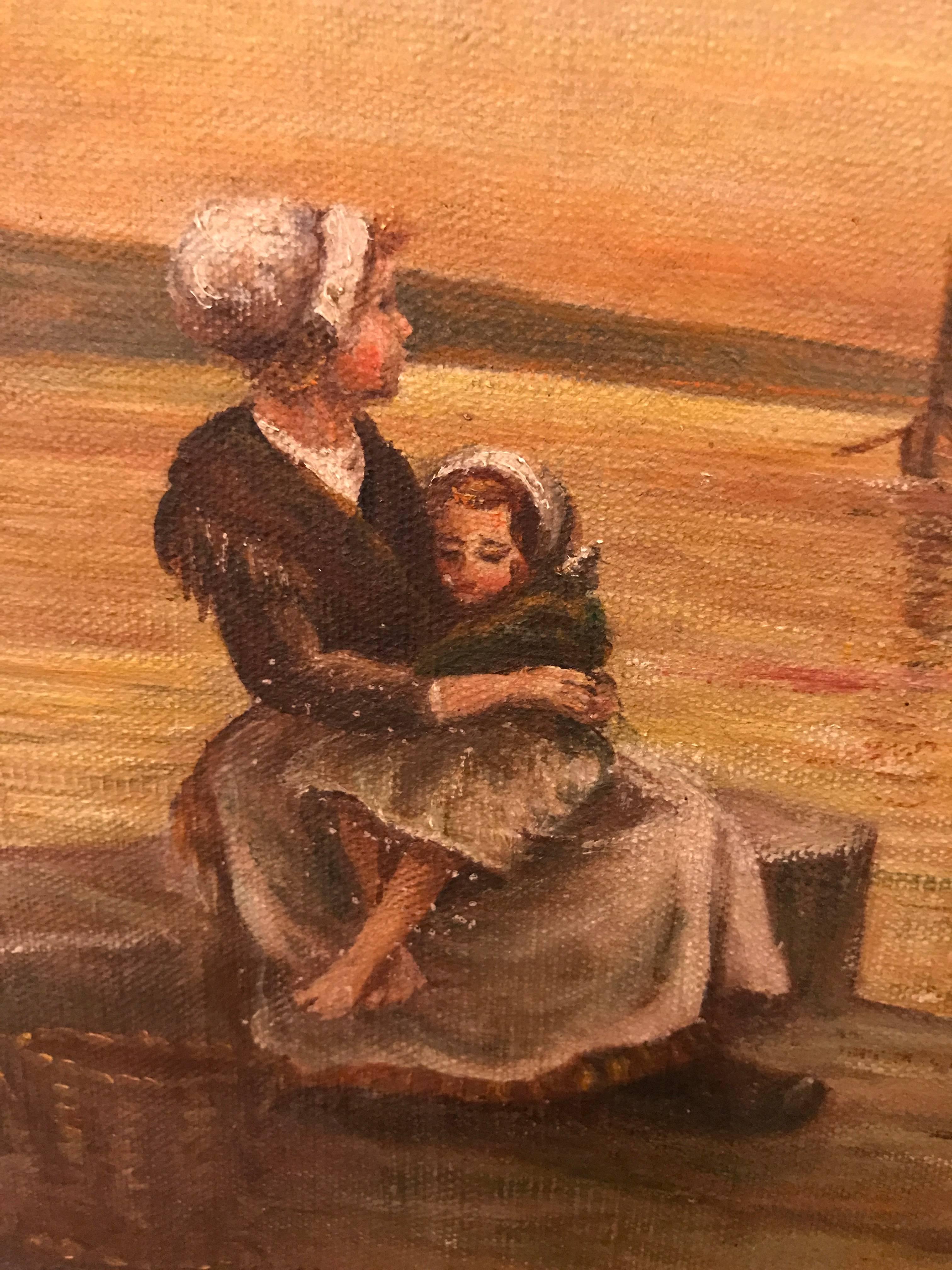 Oil on Canvas 19th Century of a Woman and Child Sitting at the Pier 3