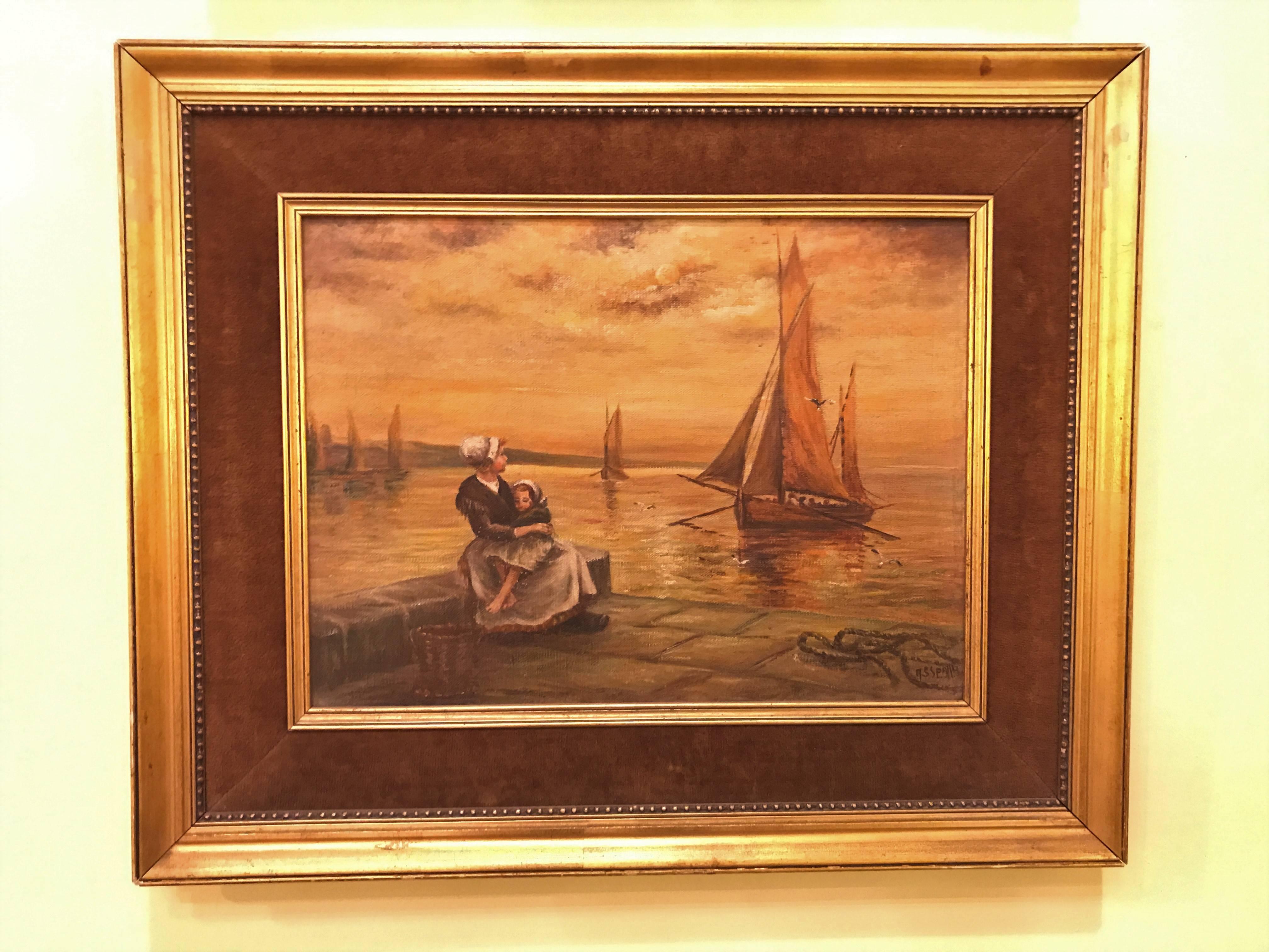 Oil on canvas 19th century of a woman and child sitting at the pier. This finely detailed and popular scene sits in a gilt gold frame and depicts what appears to be a mother and child looking out at the port for their father and husband to come