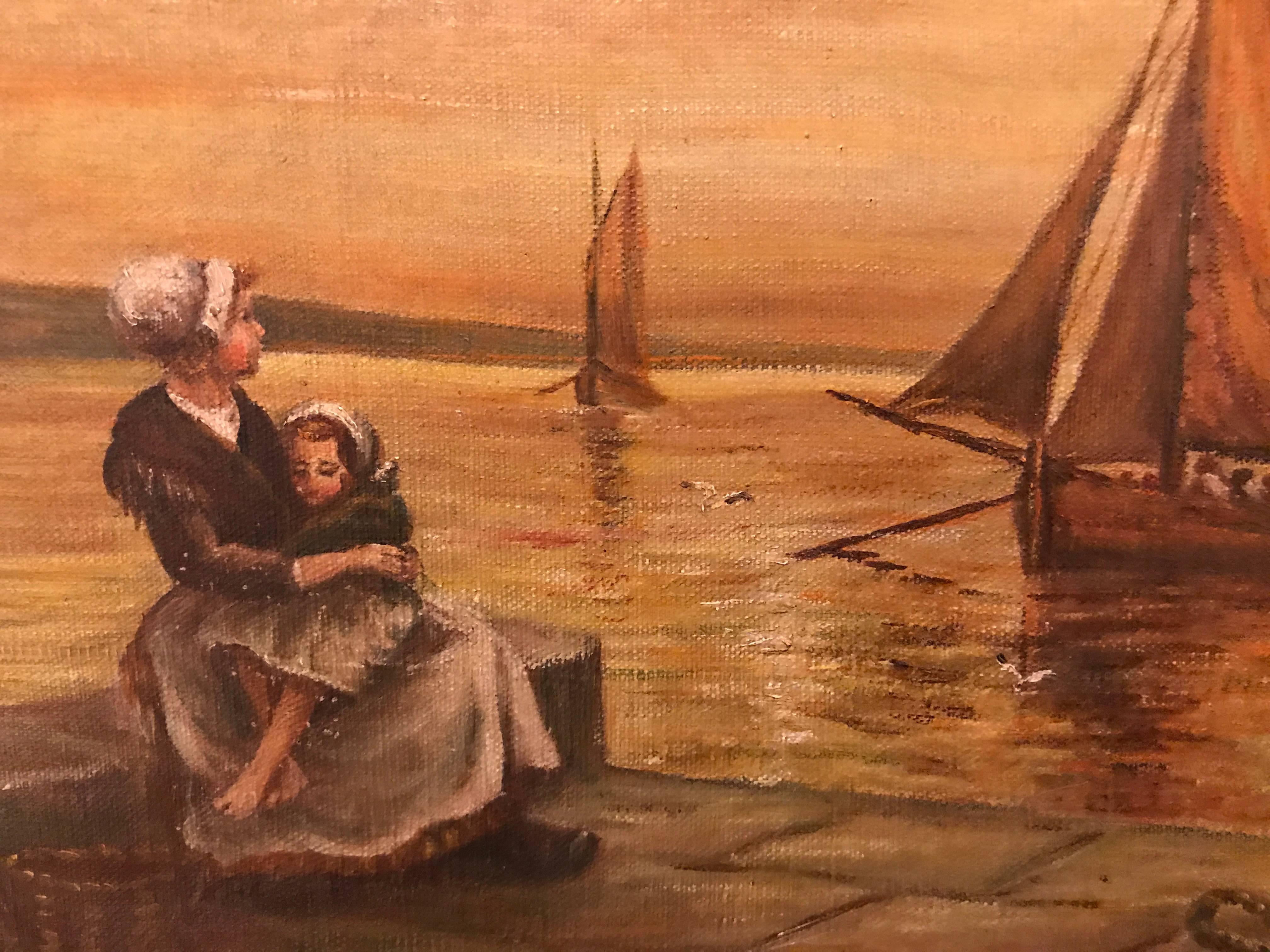 Oil on Canvas 19th Century of a Woman and Child Sitting at the Pier 2