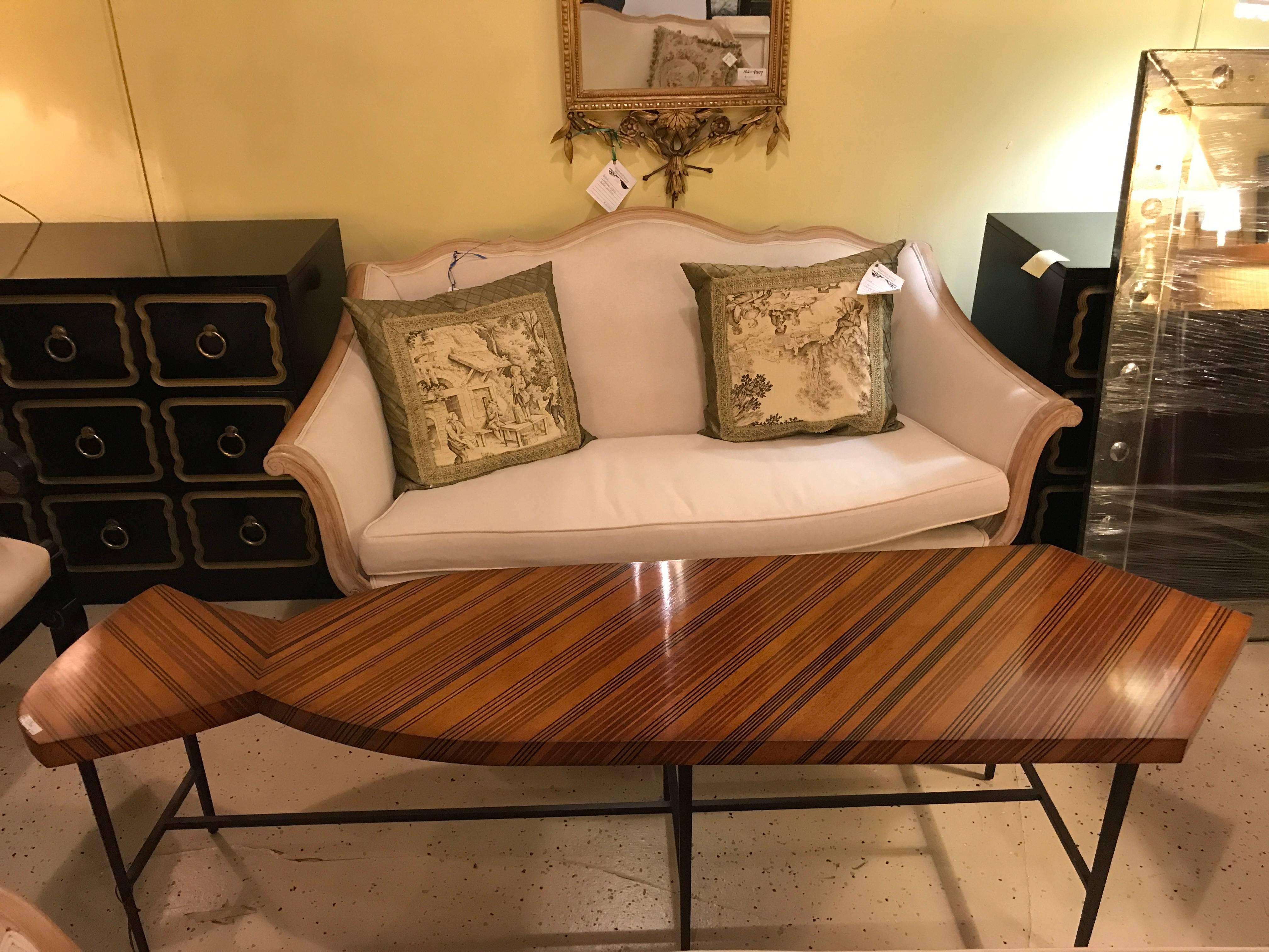 Hollywood Regency Tie Shaped Jonathan Charles Inlaid Coffee Table with a Wrought Iron Base