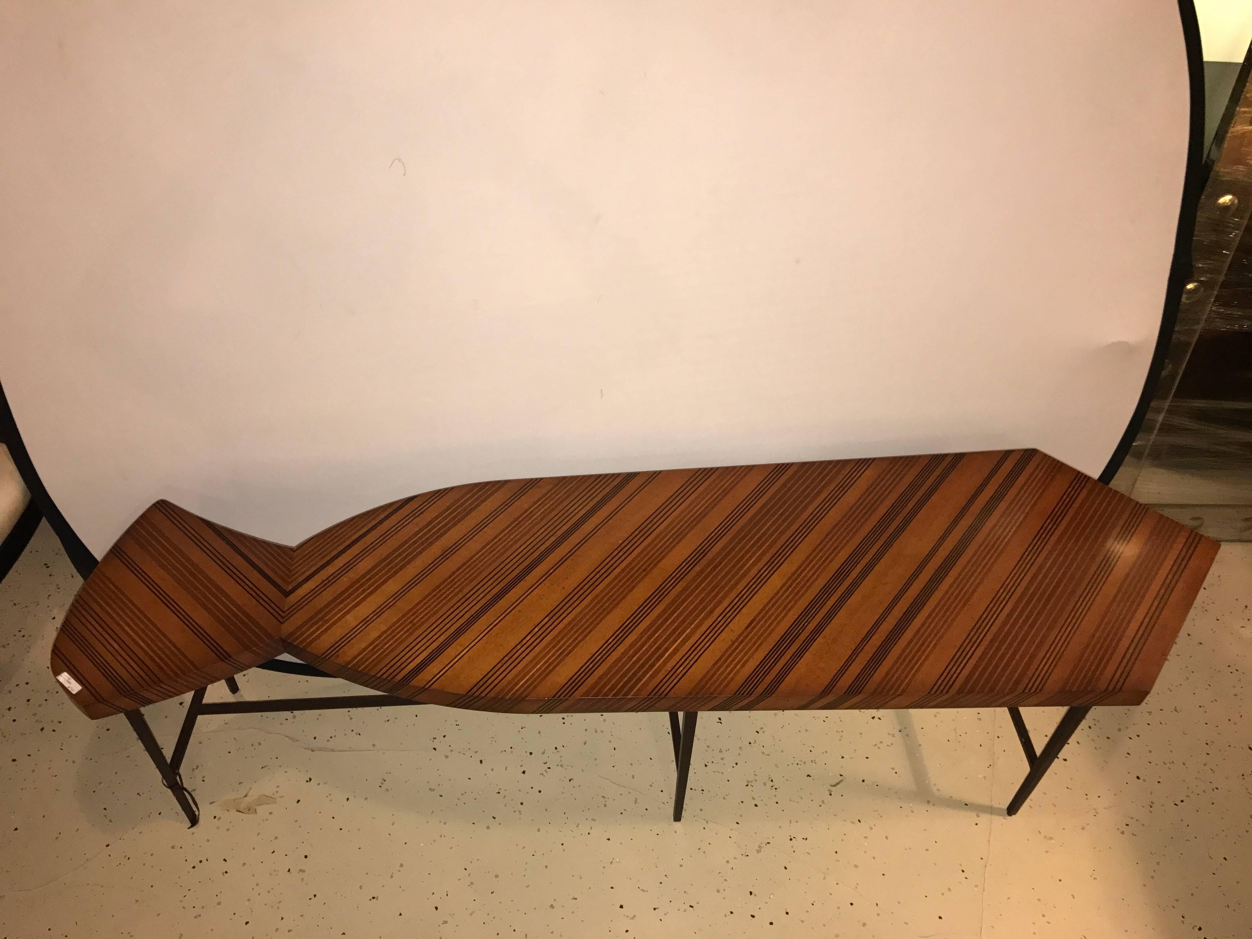 Tie Shaped Jonathan Charles Inlaid Coffee Table with a Wrought Iron Base In Good Condition In Stamford, CT