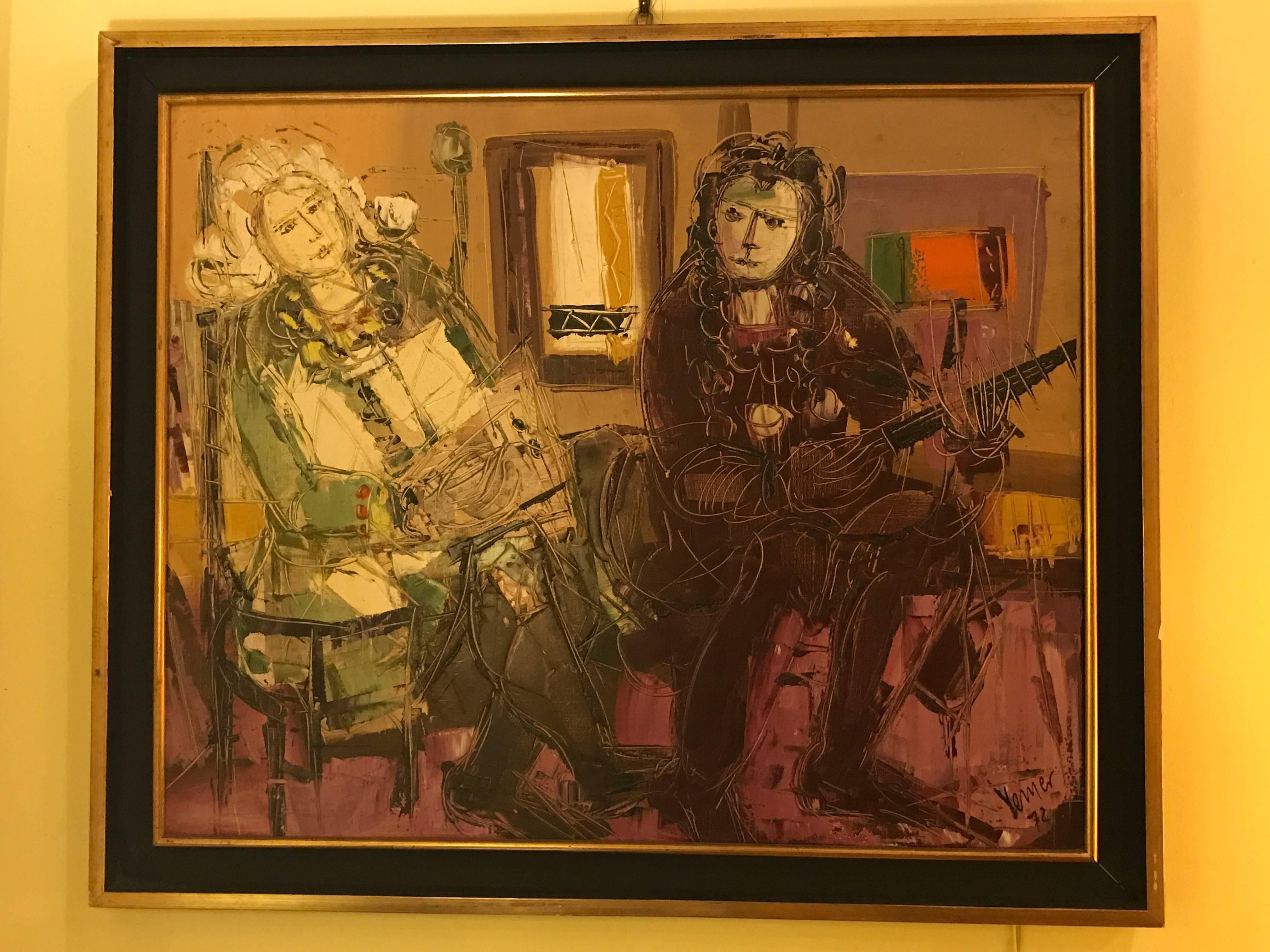 Signed and dated large oil on canvas framed. An indistinctively signed oil on canvas of a man and a woman playing musical instruments. Framed in an ebony frame flanked by gilt borders this highly decorative oil on canvas is wonderfully painted and