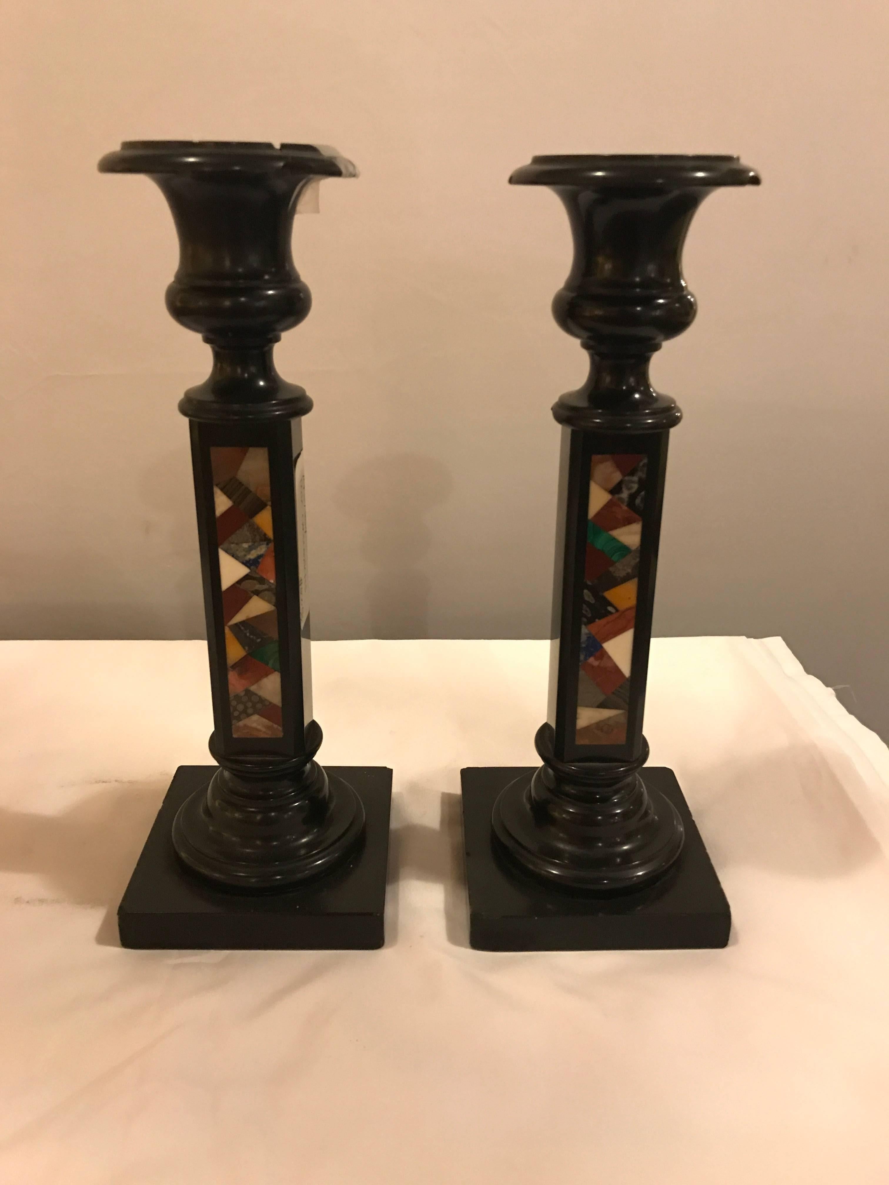 Pair of Micro Mosaic Black Candlesticks 3