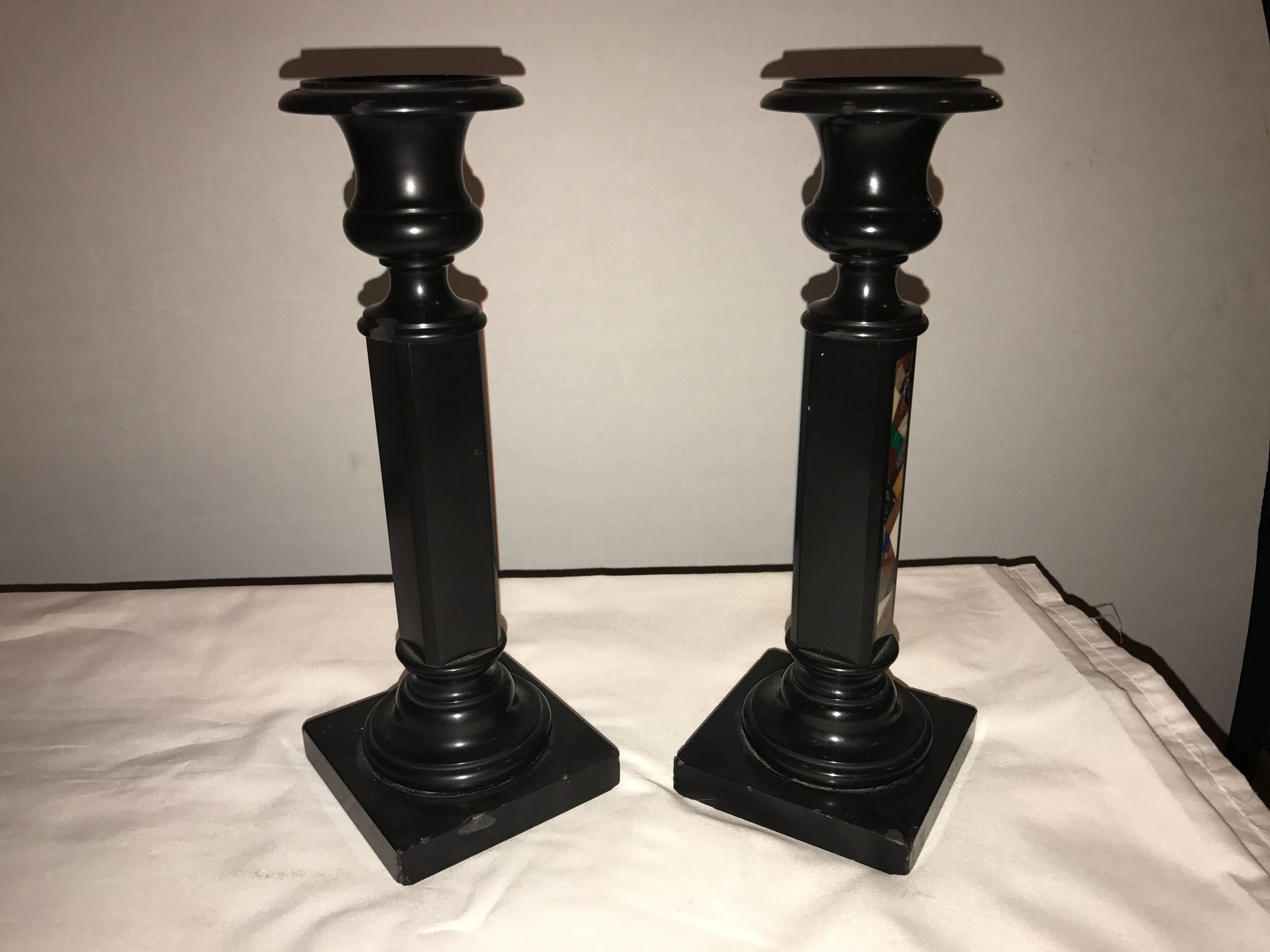 Pair of Micro Mosaic Black Candlesticks In Good Condition In Stamford, CT