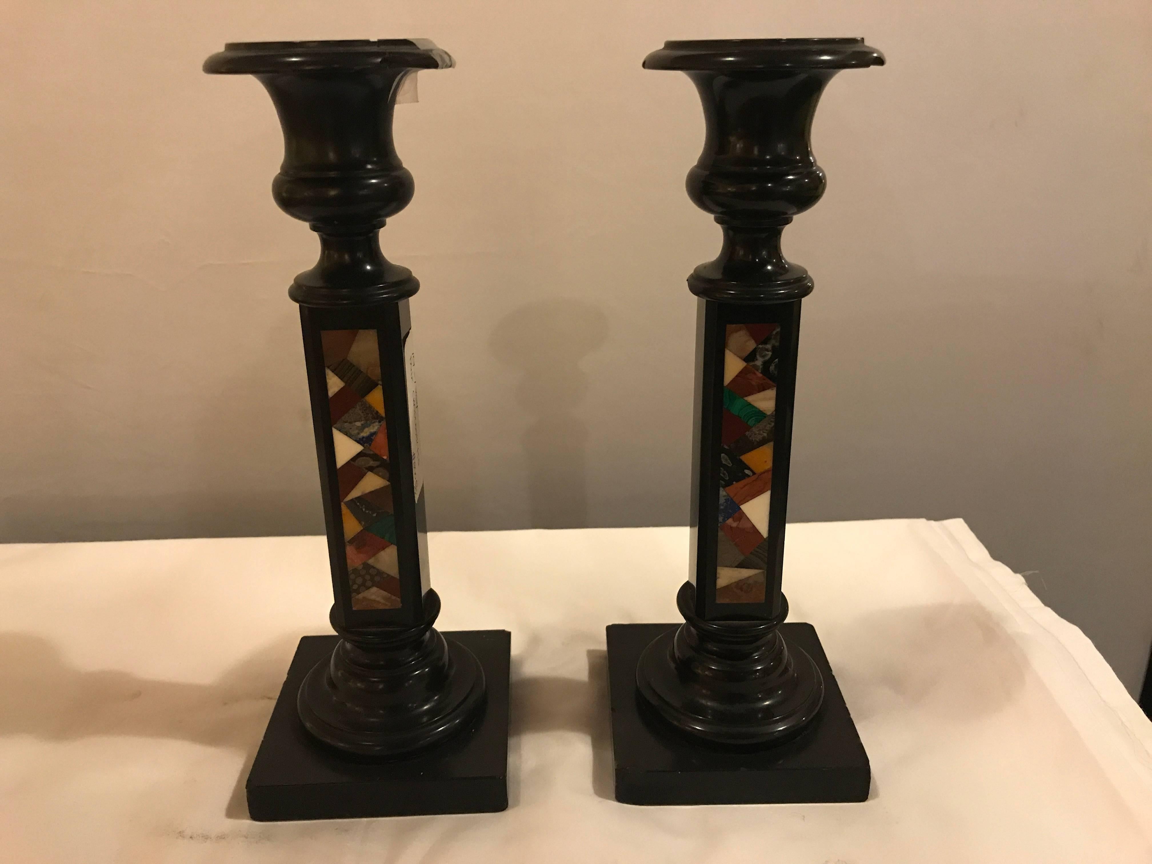 20th Century Pair of Micro Mosaic Black Candlesticks