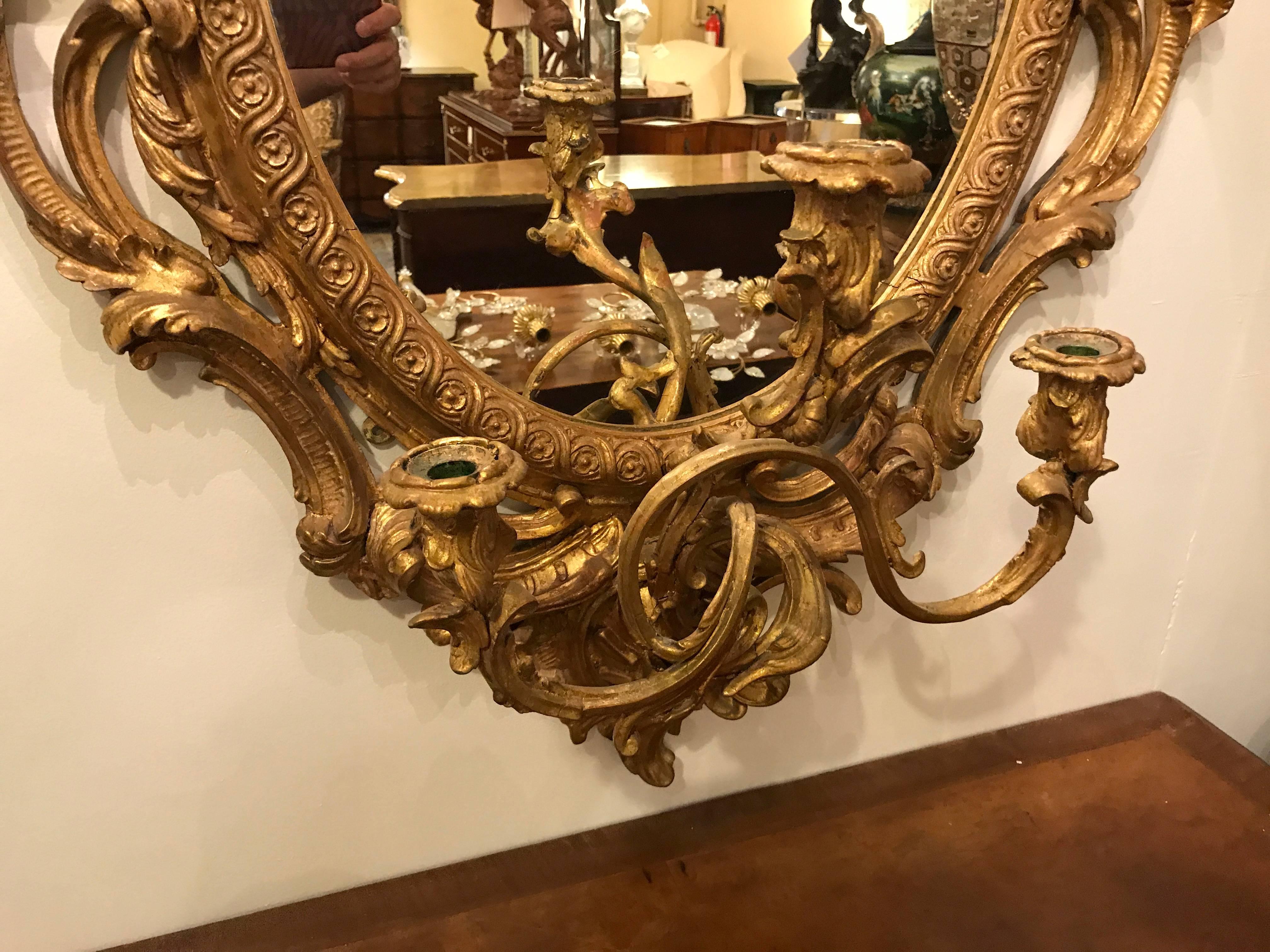 Louis XVI 19th Century Pair of French Gilt and Gesso Wall Mirror Sconce