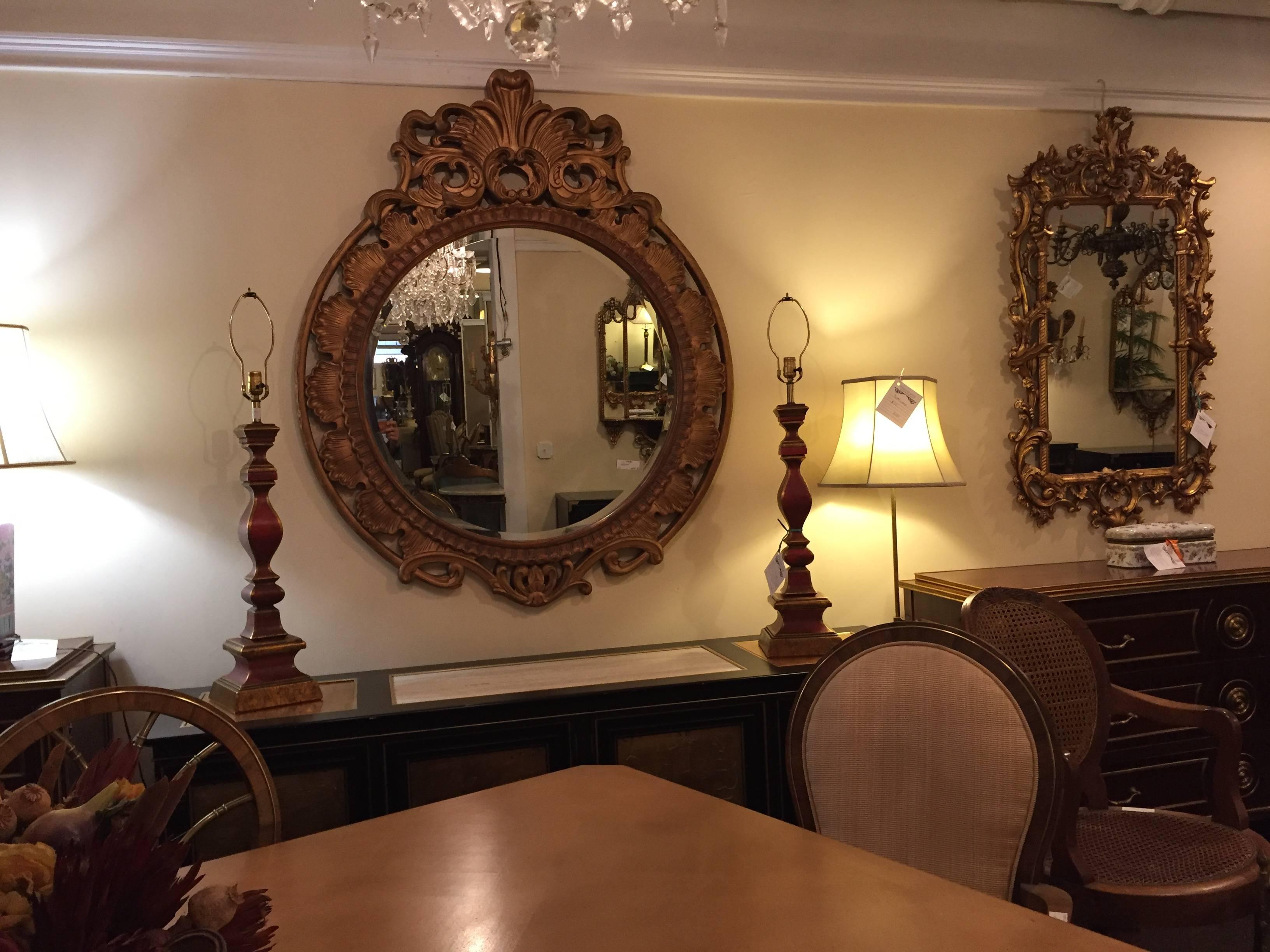 Hollywood Regency Italian Palatial Gilt Decorated Carved Circular Wall or Console Mirror For Sale