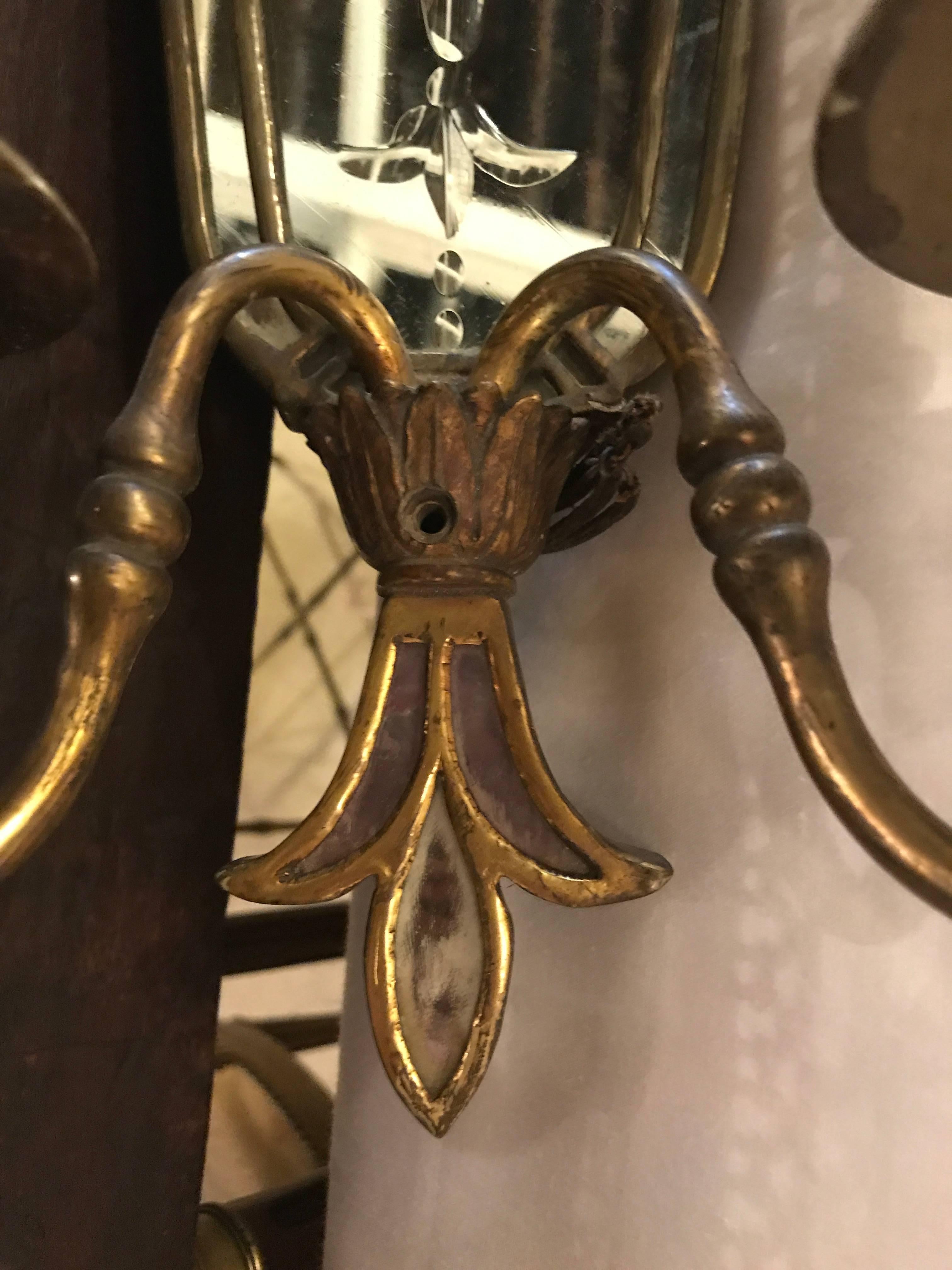 Pair of Two-Arm Bronze Antique Mirrored Back Sconces In Good Condition In Stamford, CT