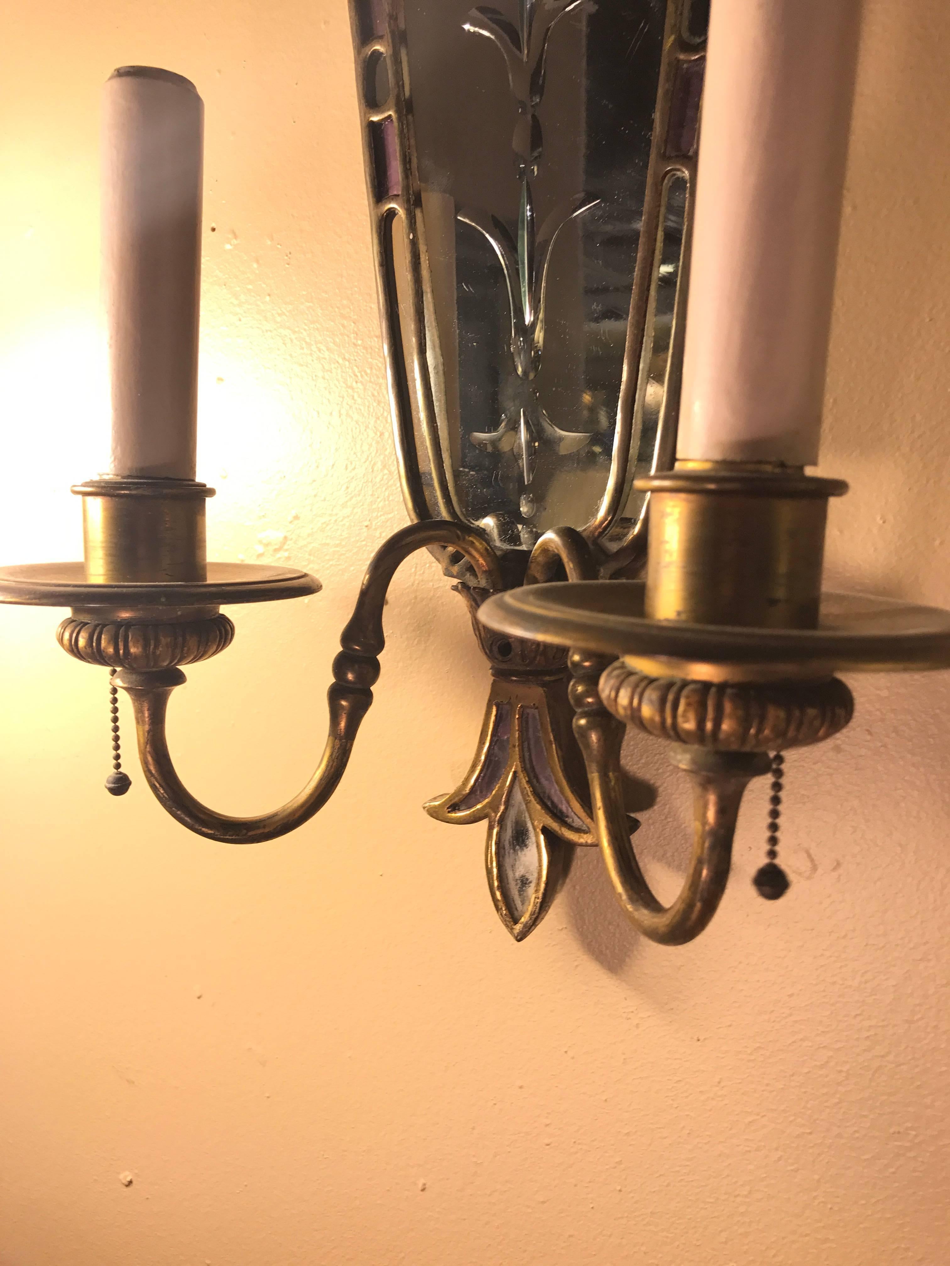Pair of Two-Arm Bronze Antique Mirrored Back Sconces 1